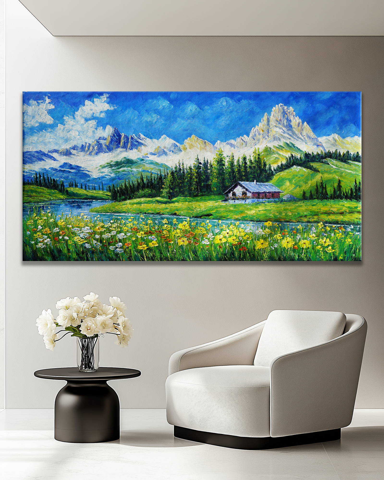 Hand painted A house in a field of flowers 70x140cm