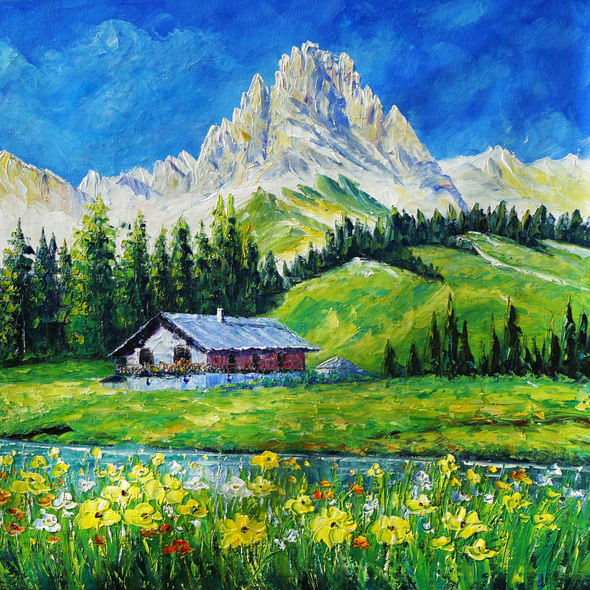 Hand painted A house in a field of flowers 70x140cm