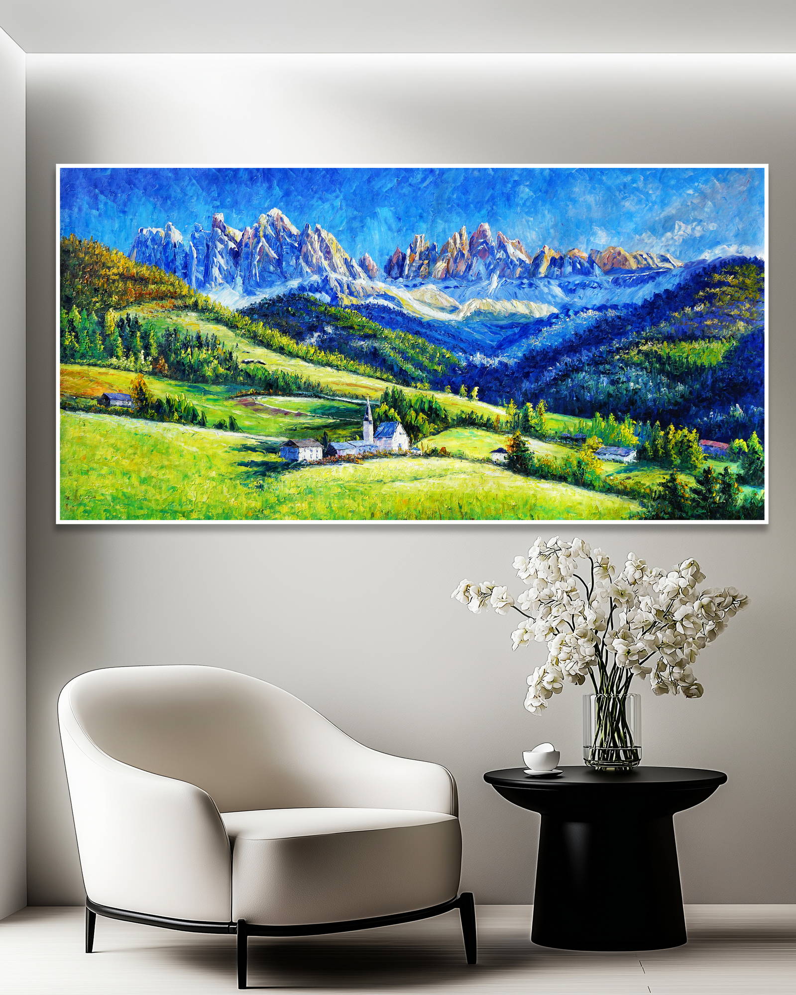 Dipinto a mano Paesino sulle Dolomiti 70x140cm