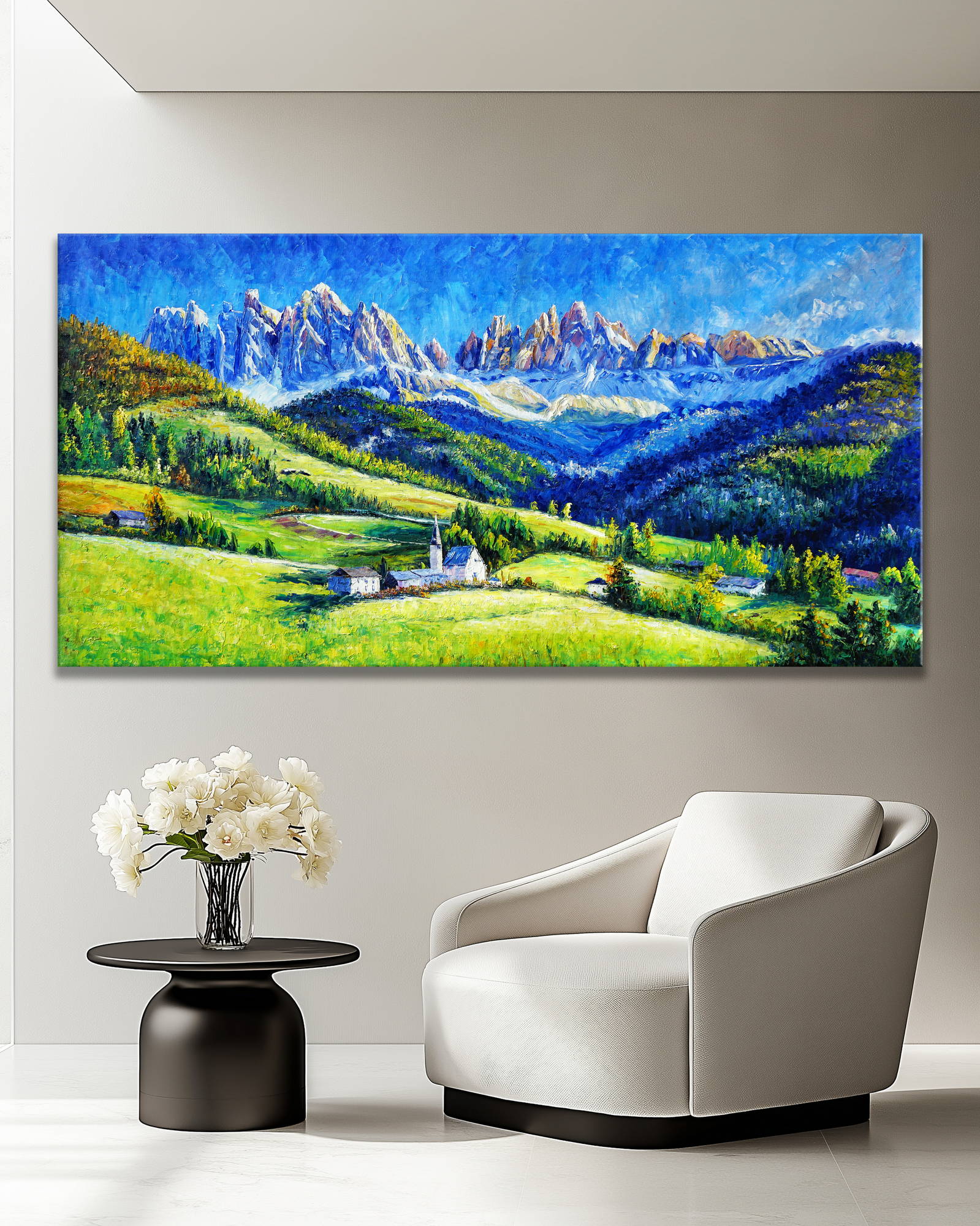 Dipinto a mano Paesino sulle Dolomiti 70x140cm