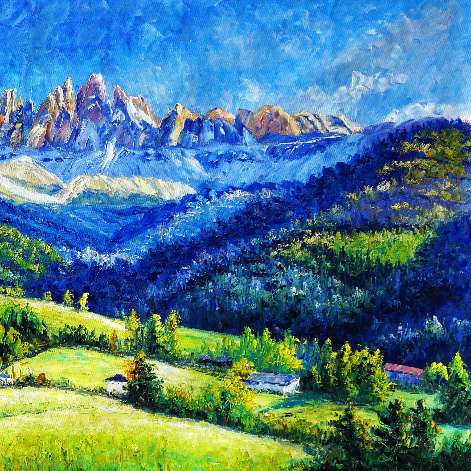 Dipinto a mano Paesino sulle Dolomiti 70x140cm