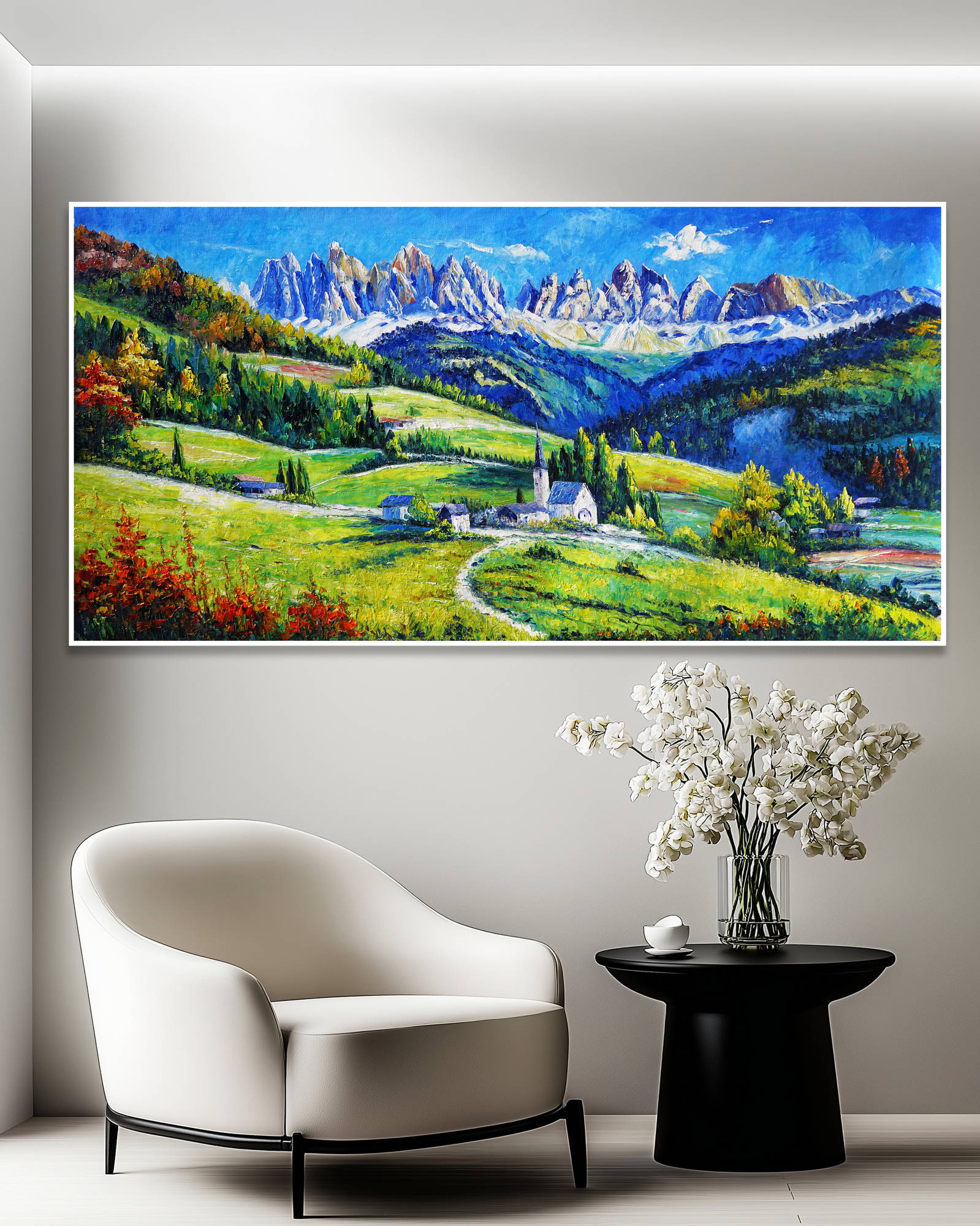 Dipinto a mano Paesino sulle Dolomiti 70x140cm