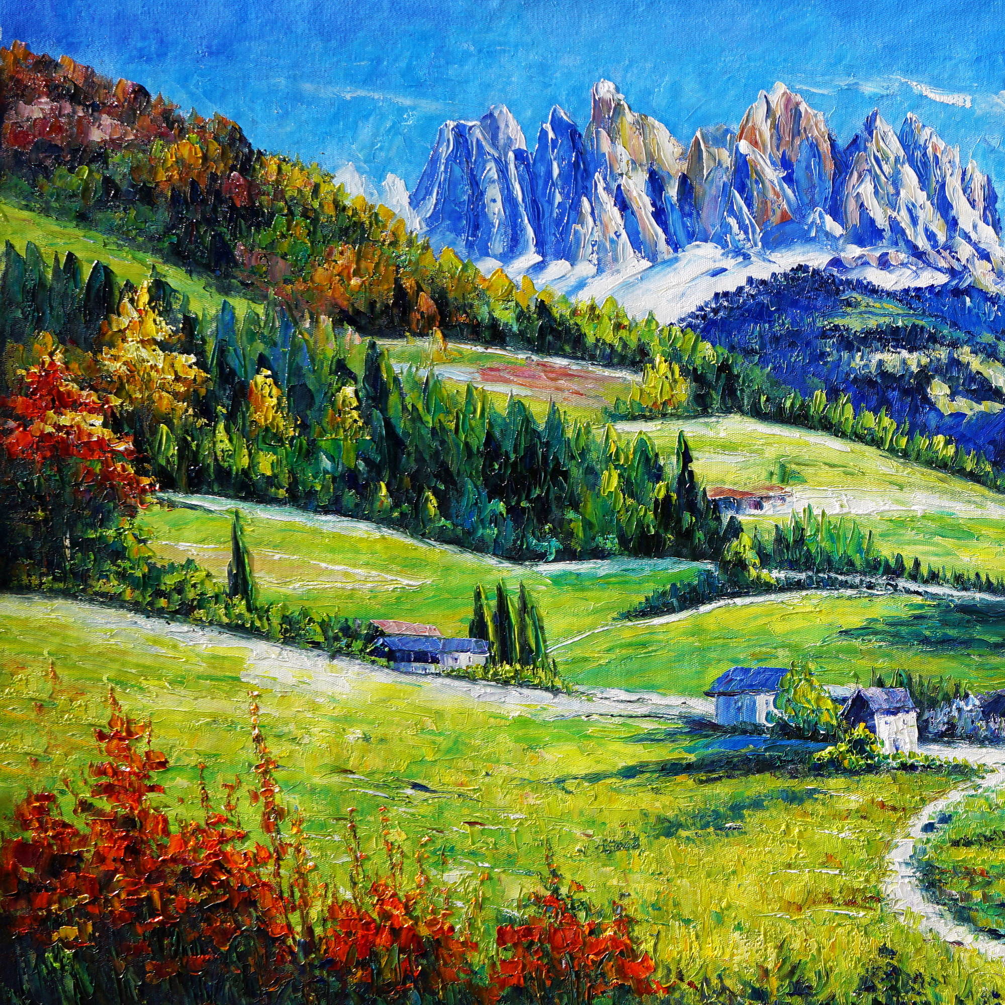 Dipinto a mano Paesino sulle Dolomiti 70x140cm