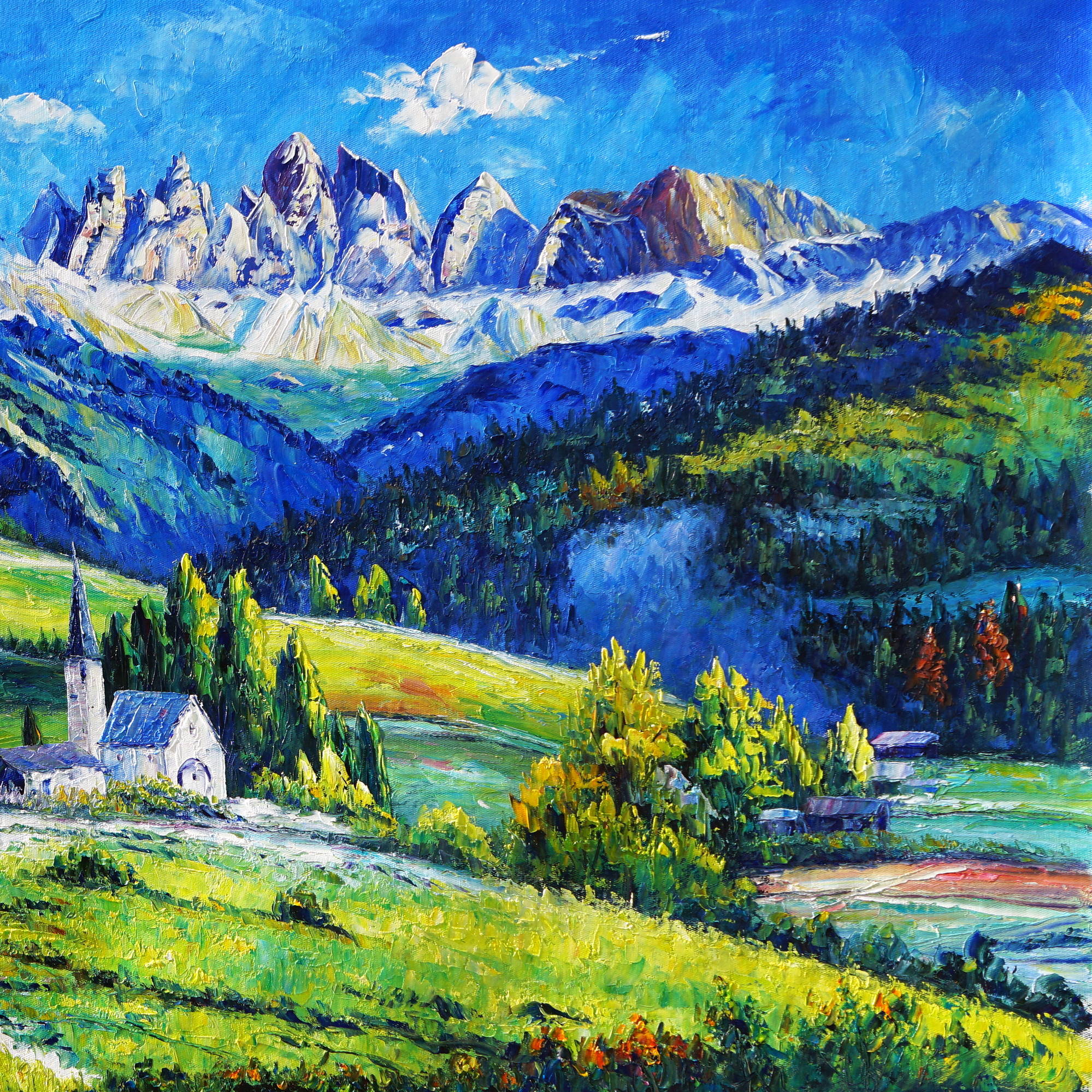 Dipinto a mano Paesino sulle Dolomiti 70x140cm