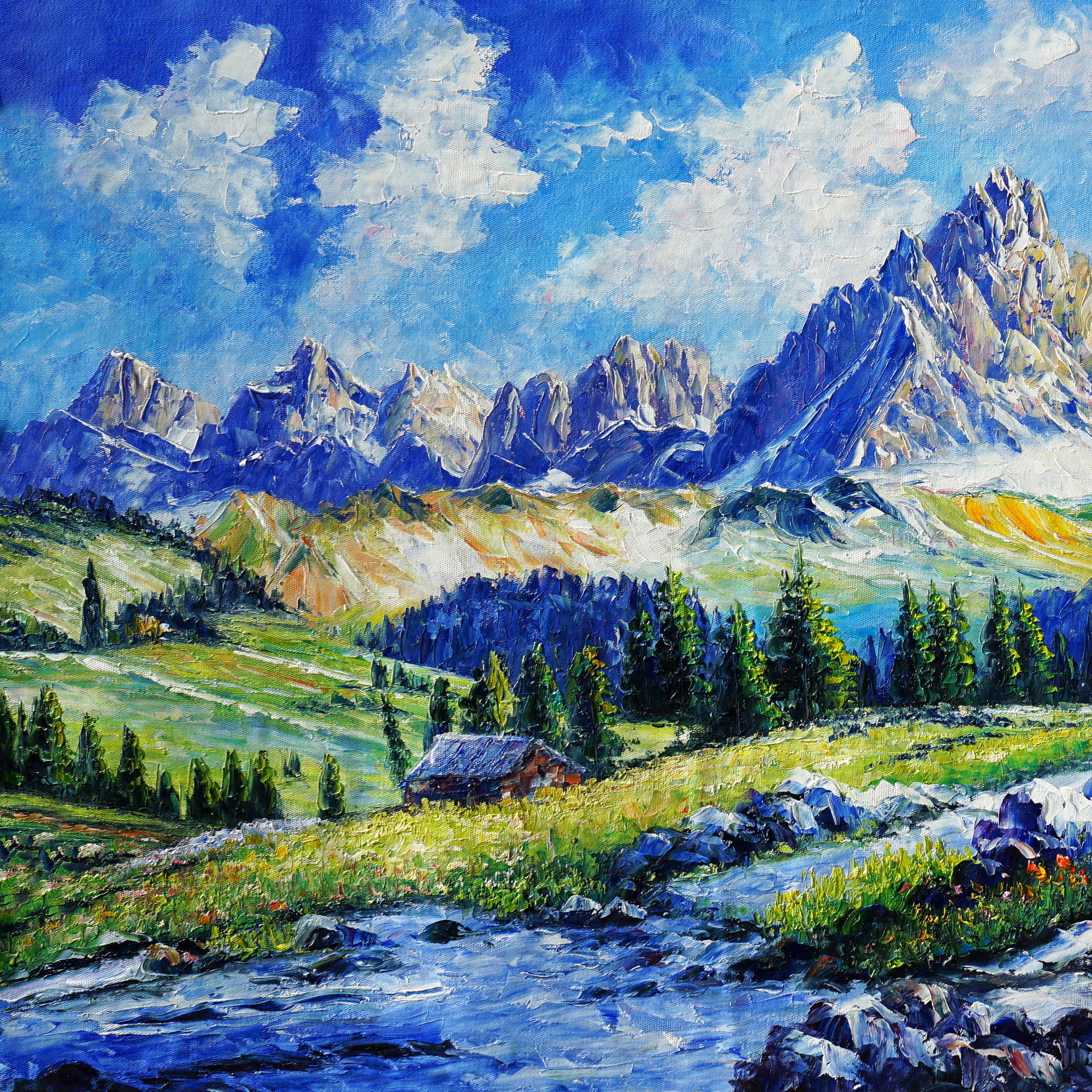 Dipinto a mano Baita sulle Dolomiti 70x140cm