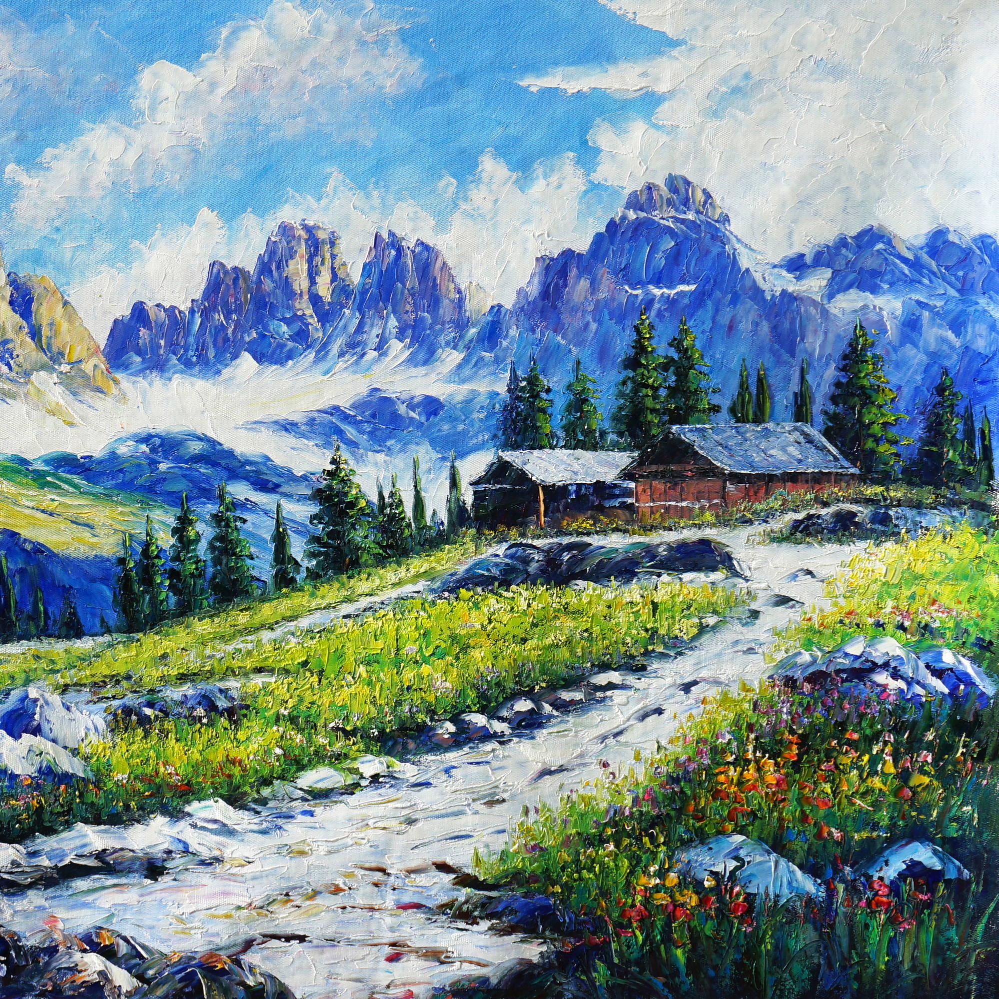 Dipinto a mano Baita sulle Dolomiti 70x140cm