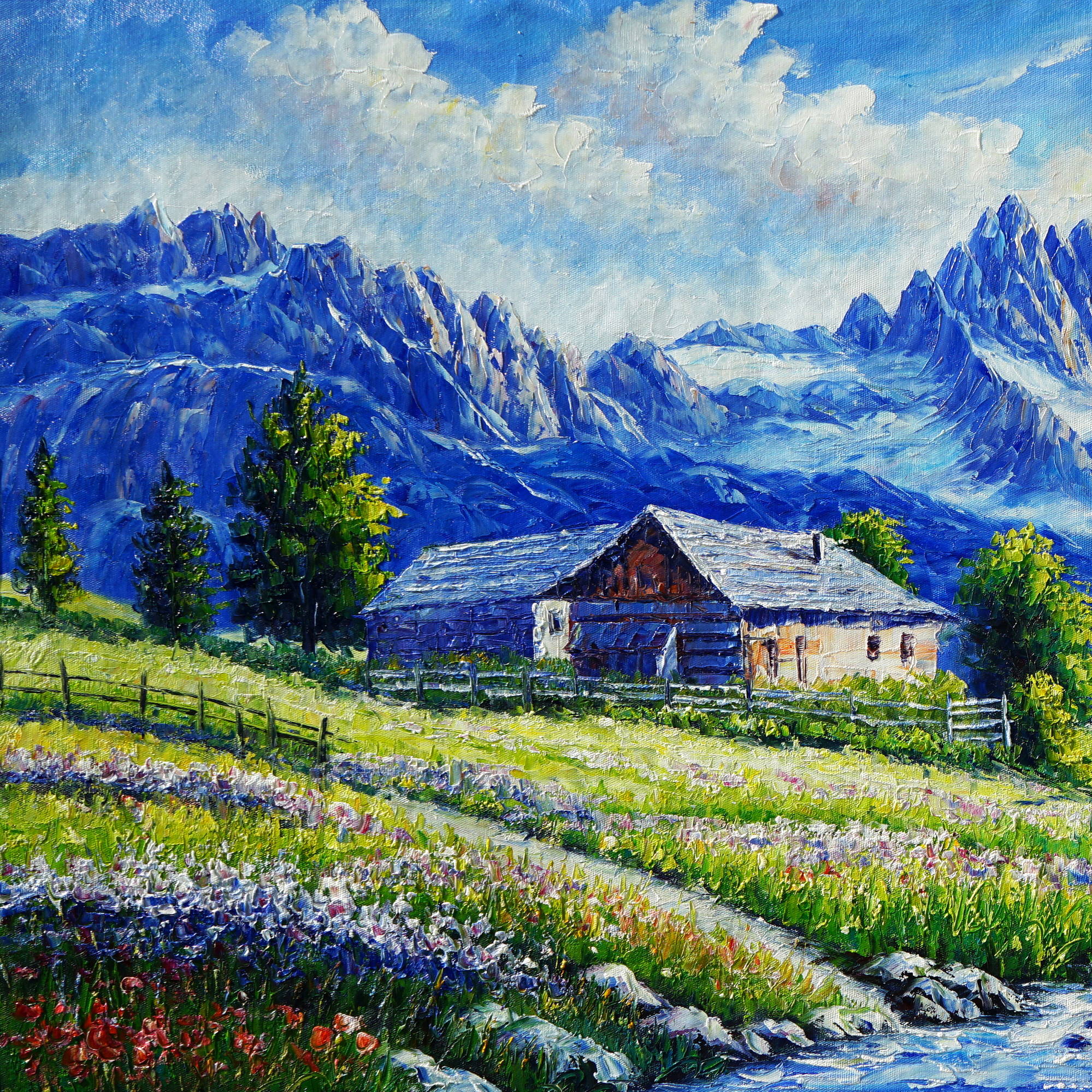 Dipinto a mano Baita sulle Dolomiti 70x140cm