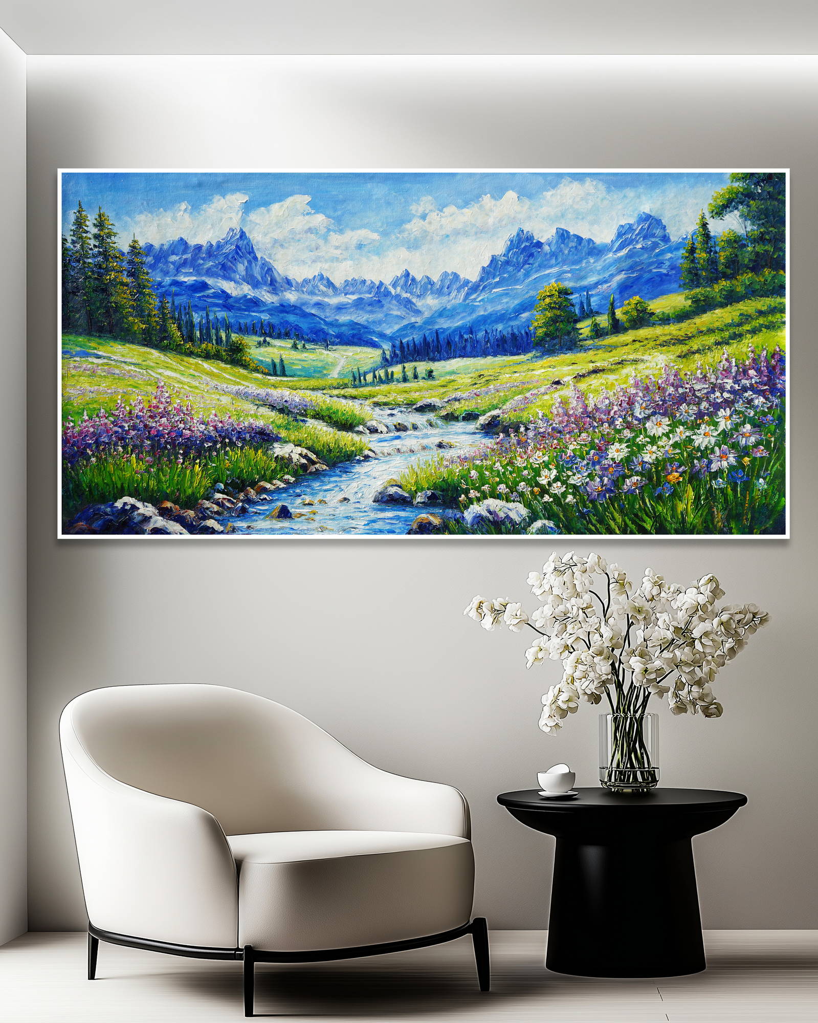 Dipinto a mano Ruscello Montagne Fiori 70x140cm