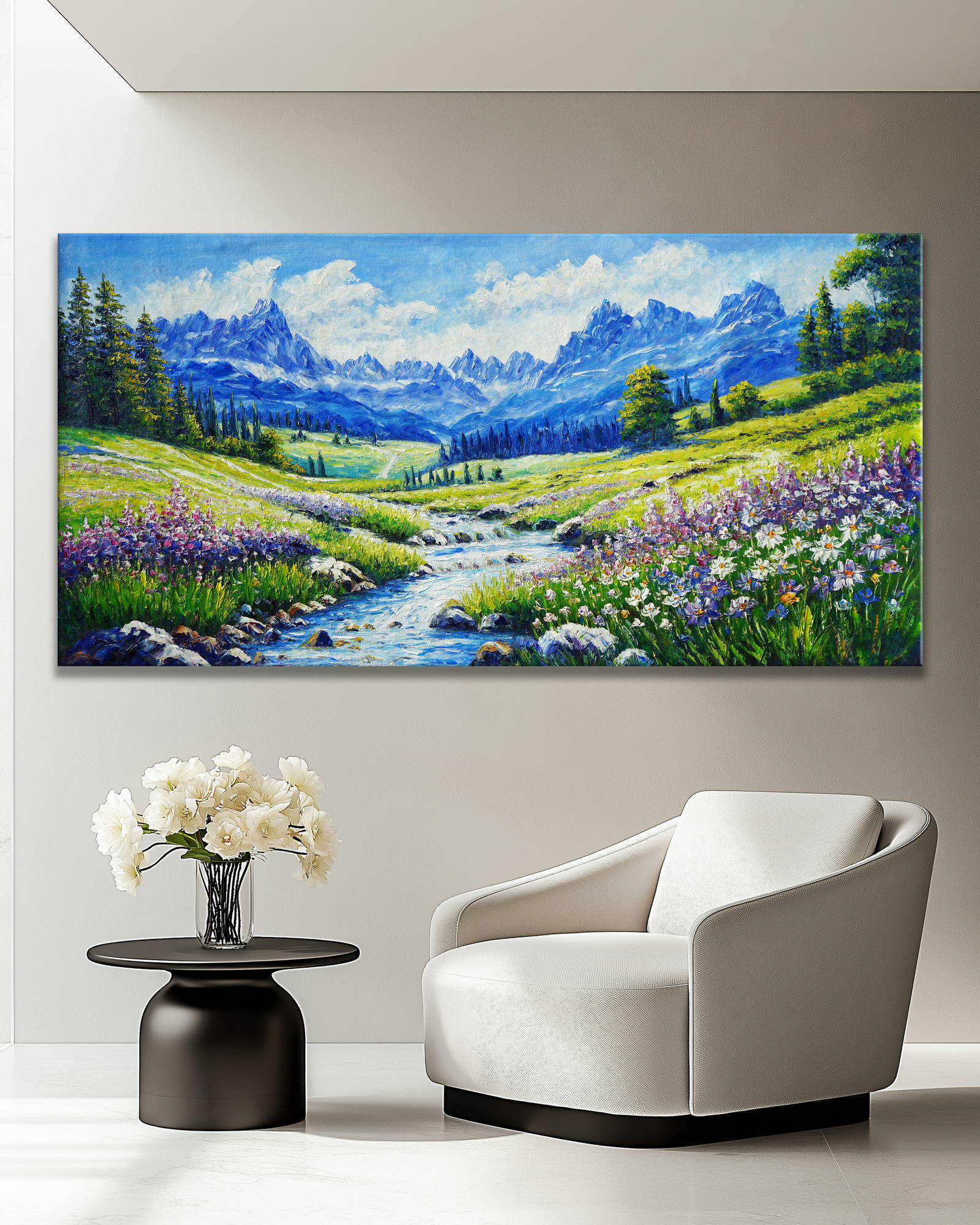 Dipinto a mano Ruscello Montagne Fiori 70x140cm