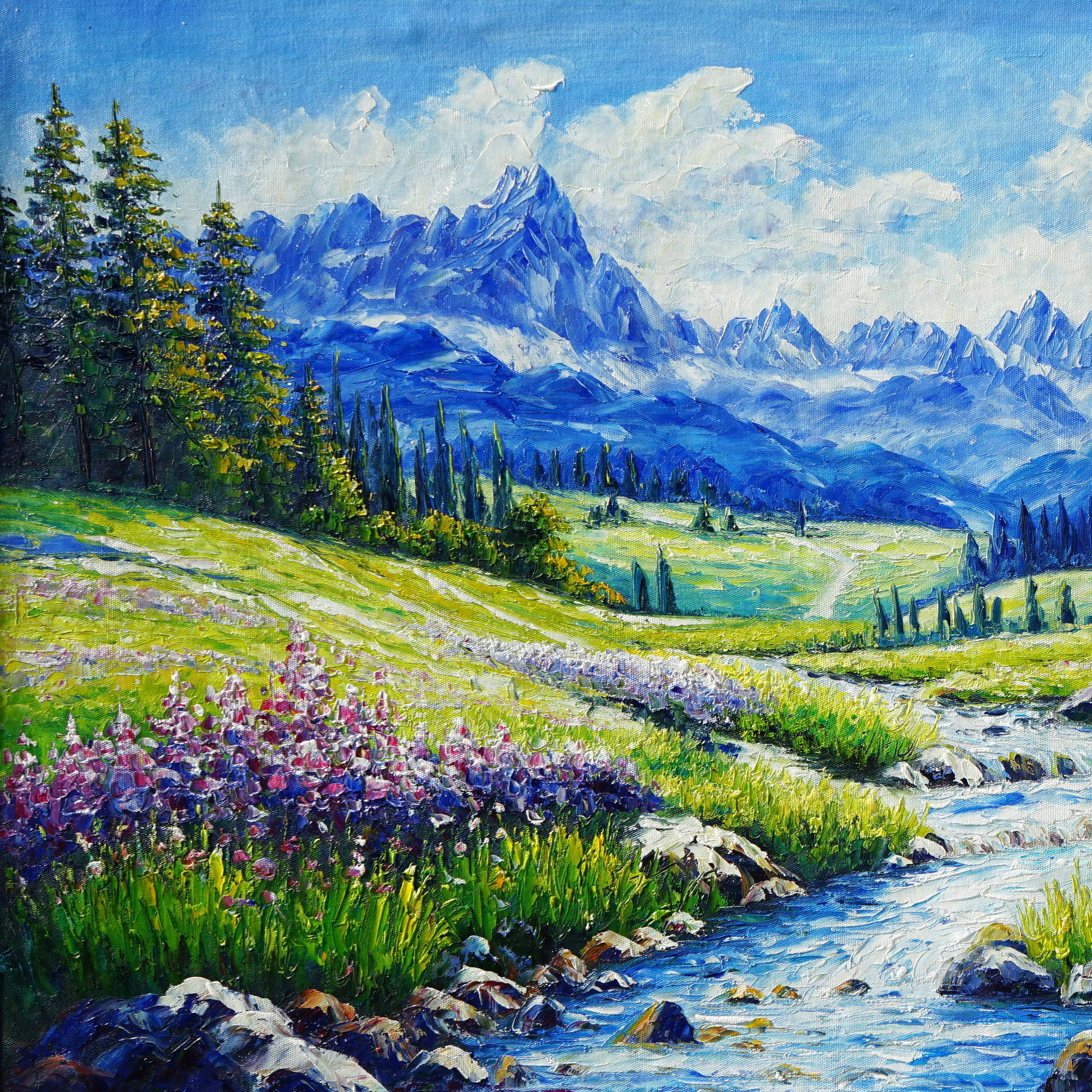 Dipinto a mano Ruscello Montagne Fiori 70x140cm