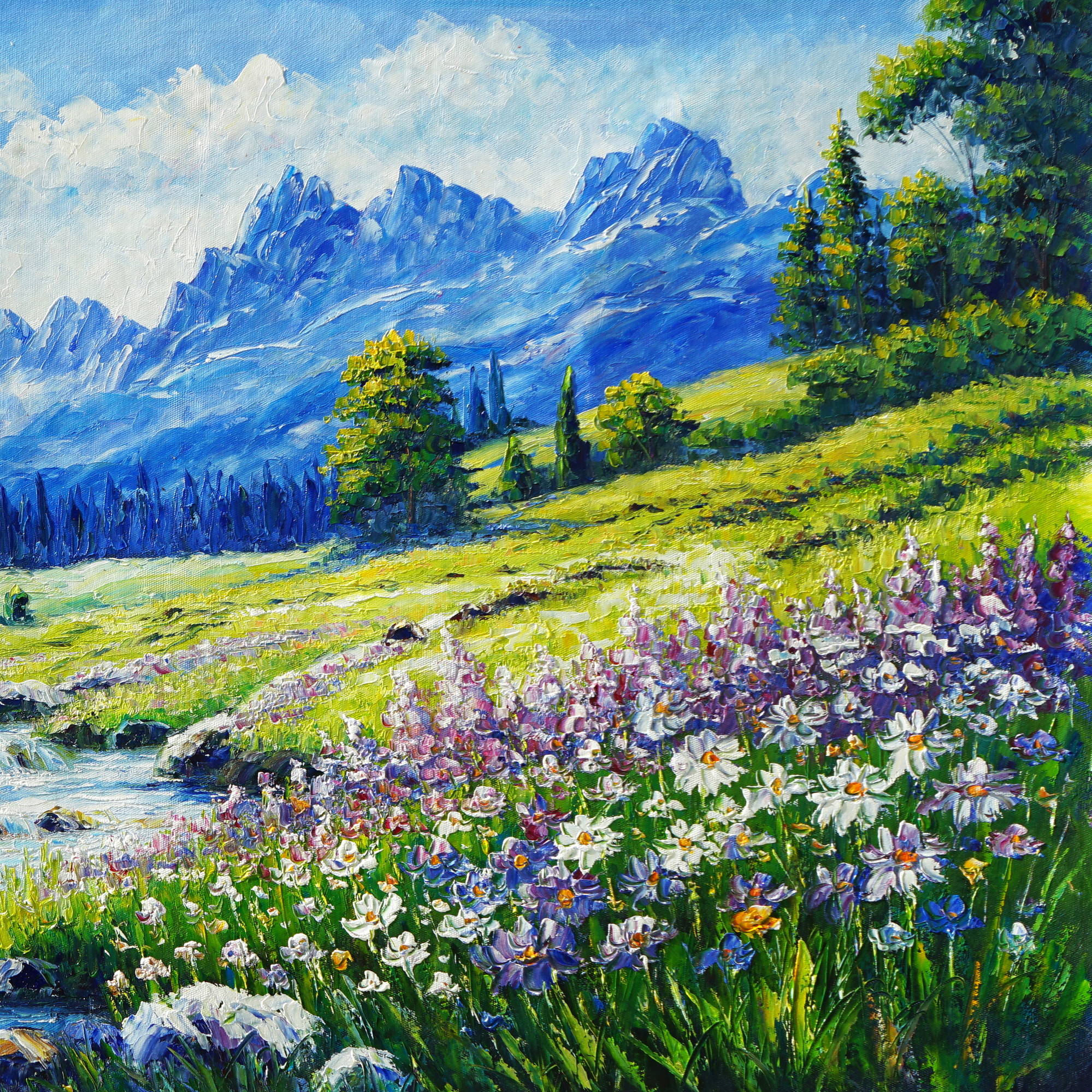 Dipinto a mano Ruscello Montagne Fiori 70x140cm