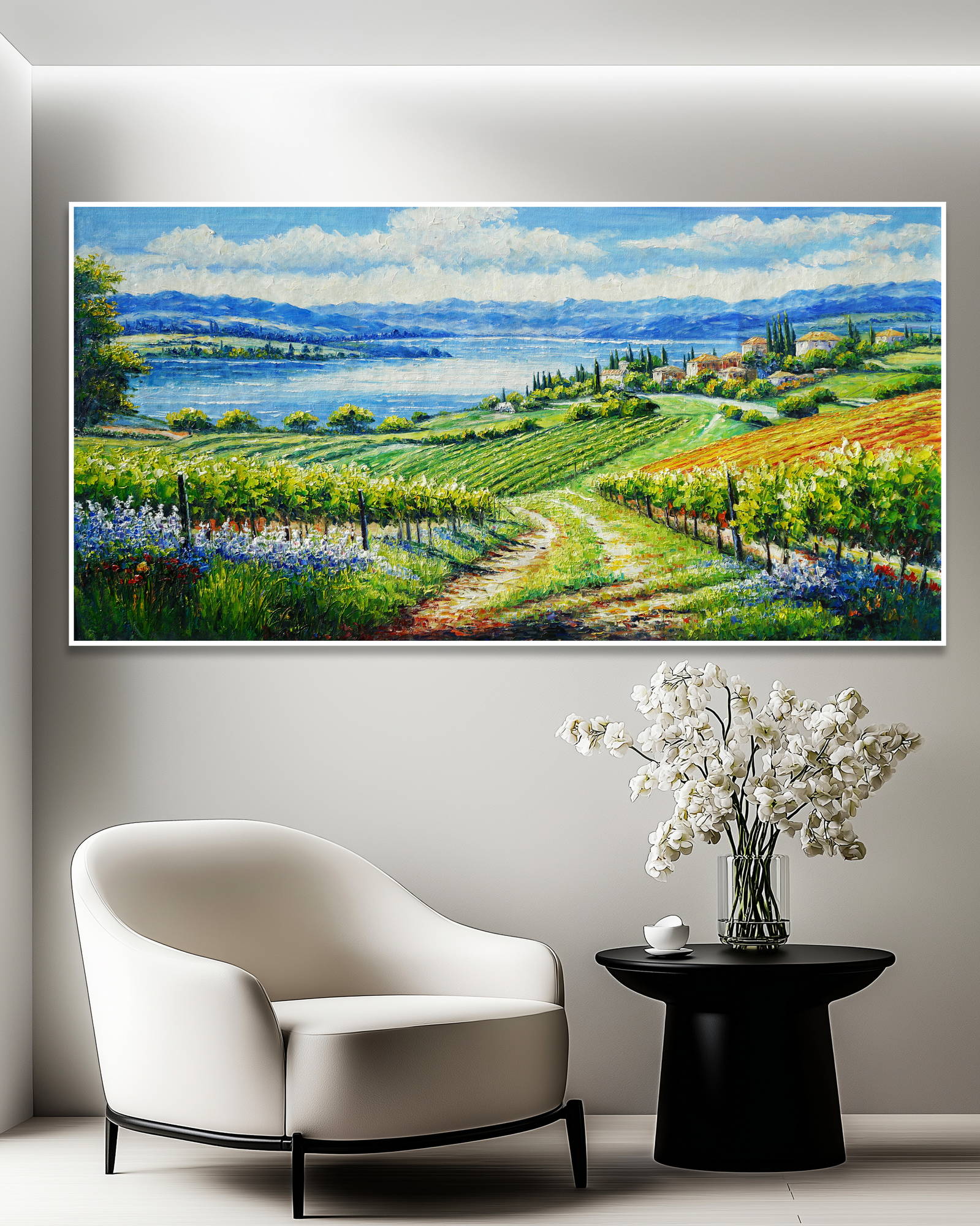 Dipinto a mano Vigneto Colline Lago 70x140cm