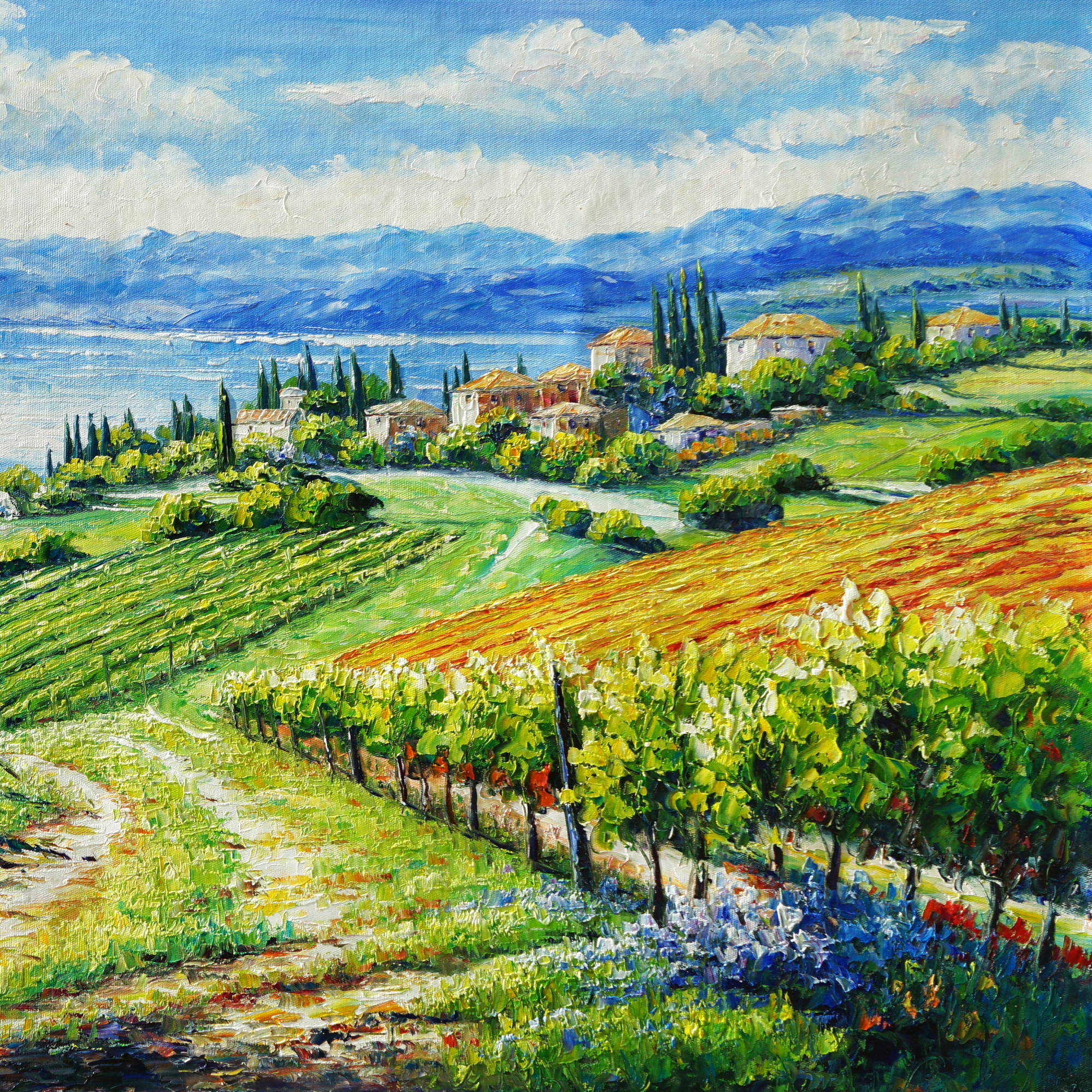 Dipinto a mano Vigneto Colline Lago 70x140cm