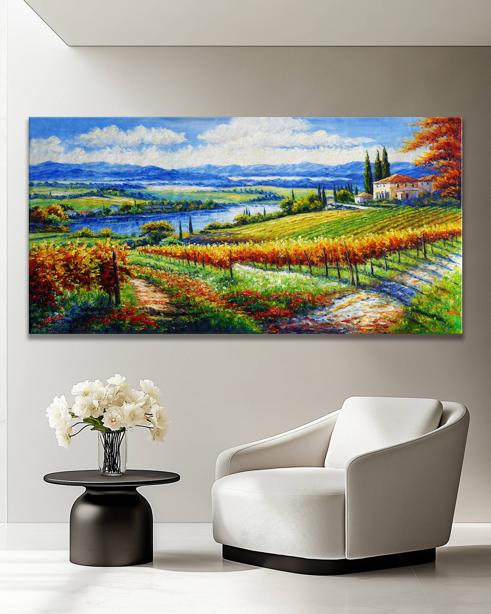 Hand painted A beautiful landscape with a river and mountains in the background 70x140cm