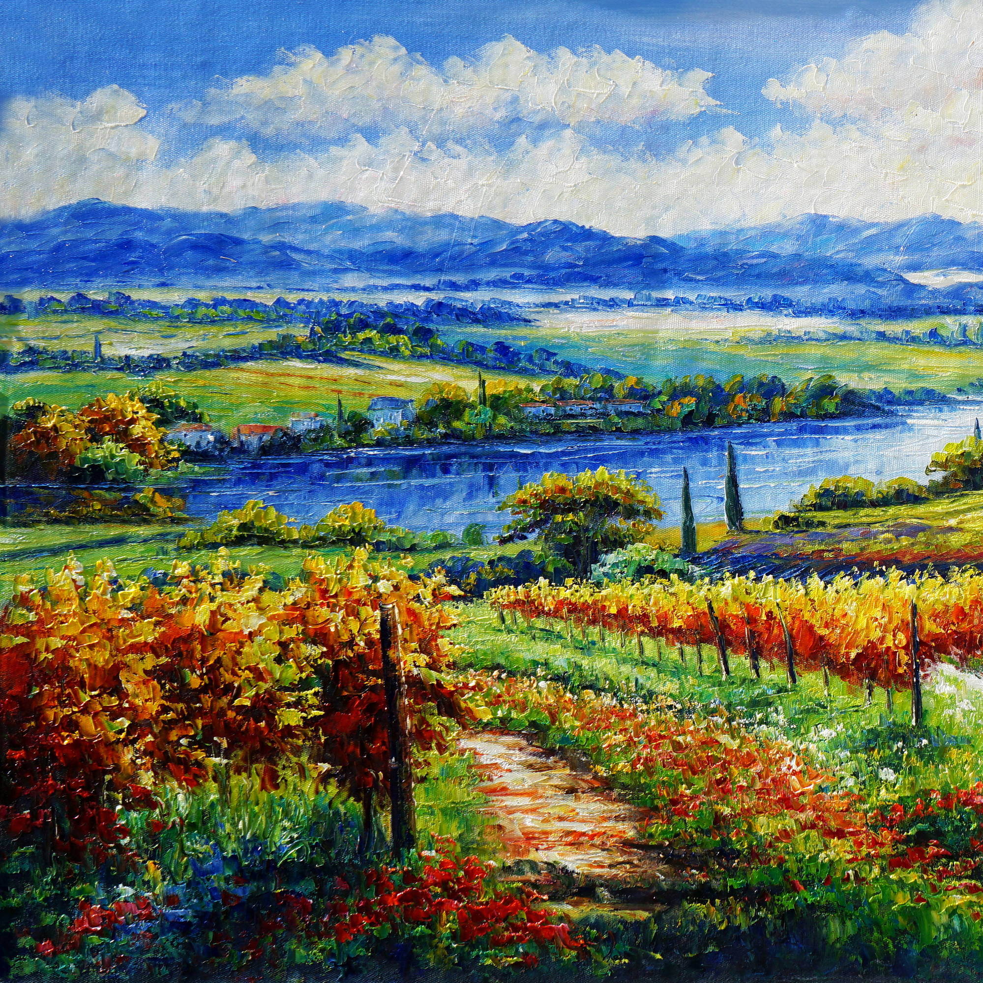 Hand painted A beautiful landscape with a river and mountains in the background 70x140cm