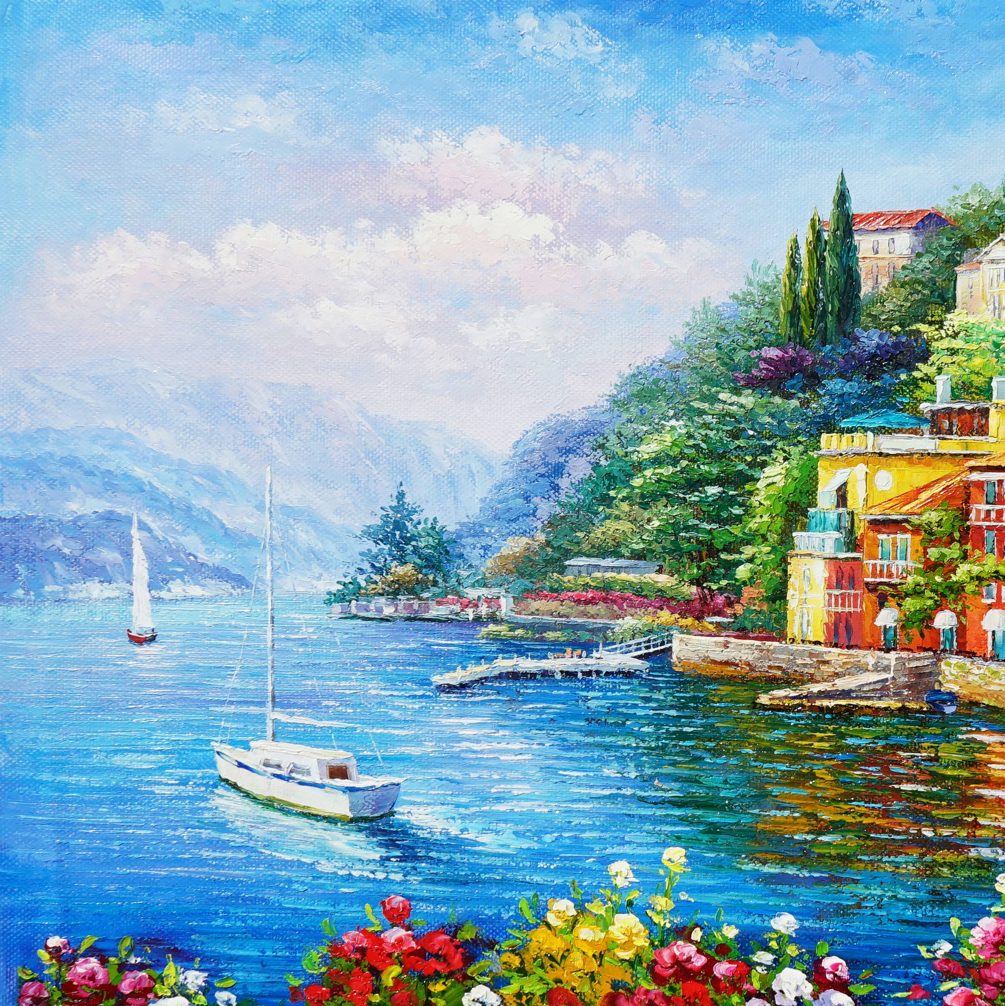 Dipinto a mano Varenna Lago di Como 75x100cm