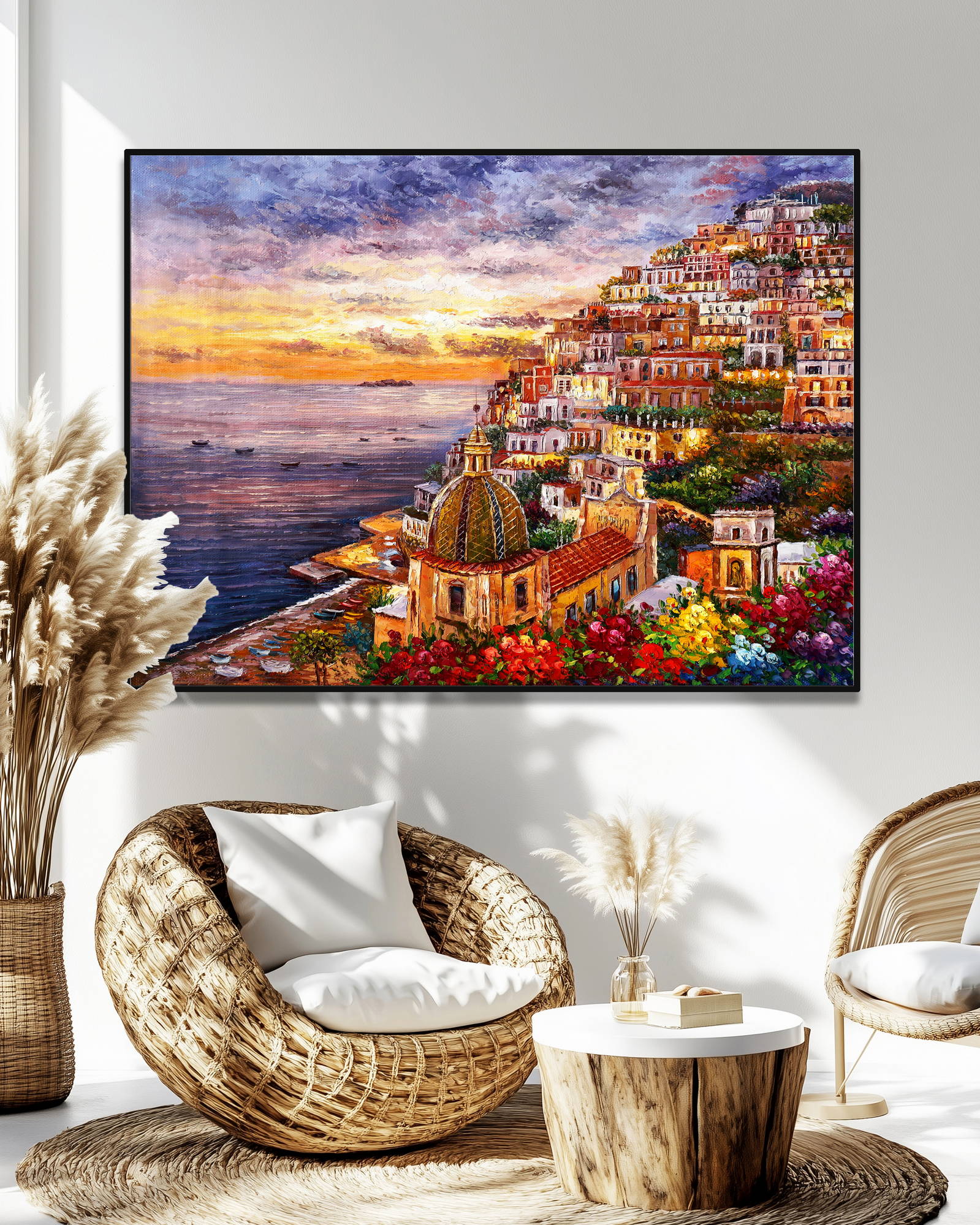 Hand painted Positano at sunset 75x100cm