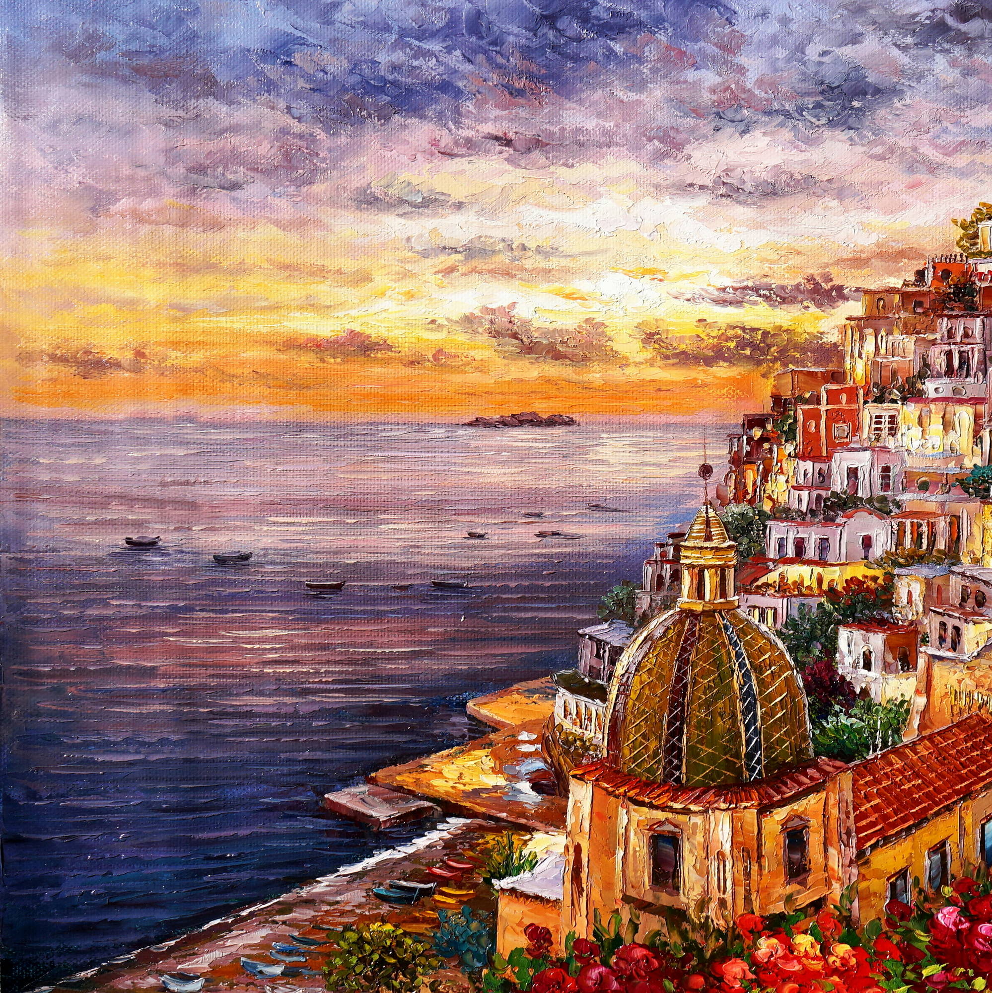 Hand painted Positano at sunset 75x100cm