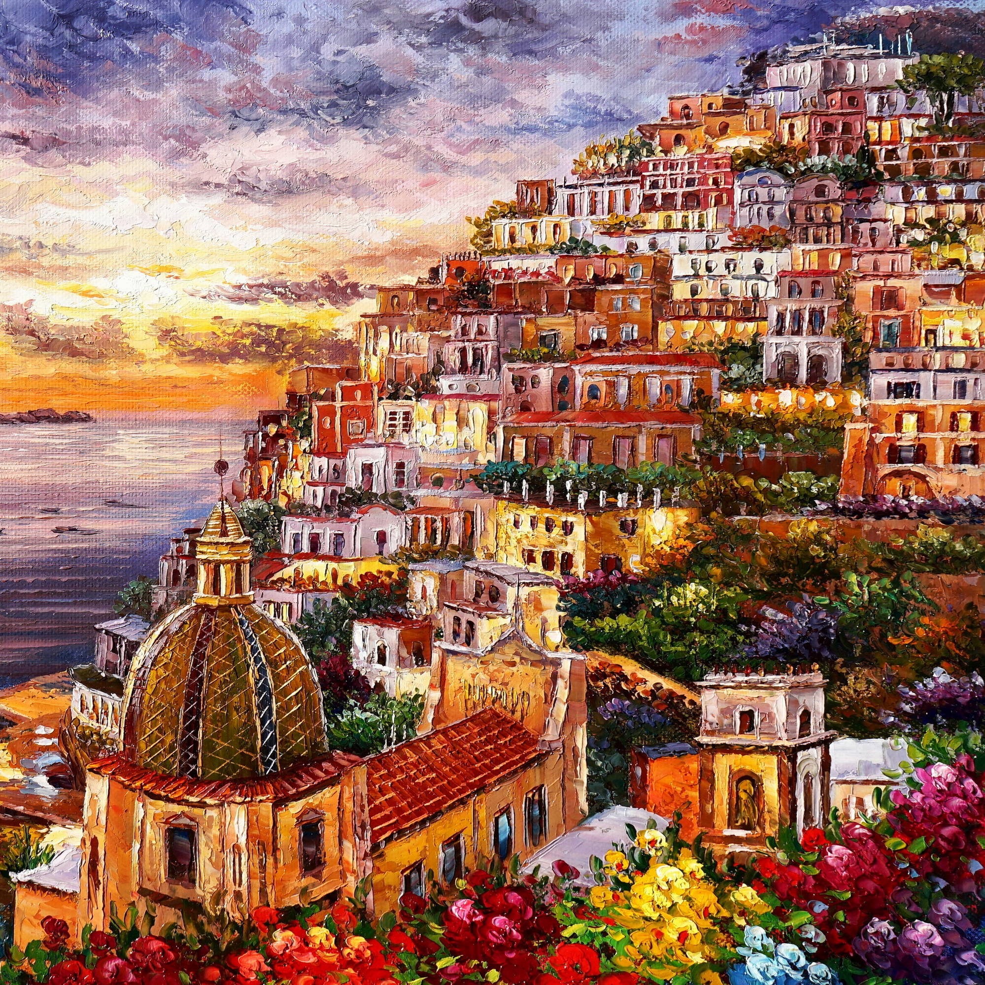 Hand painted Positano at sunset 75x100cm