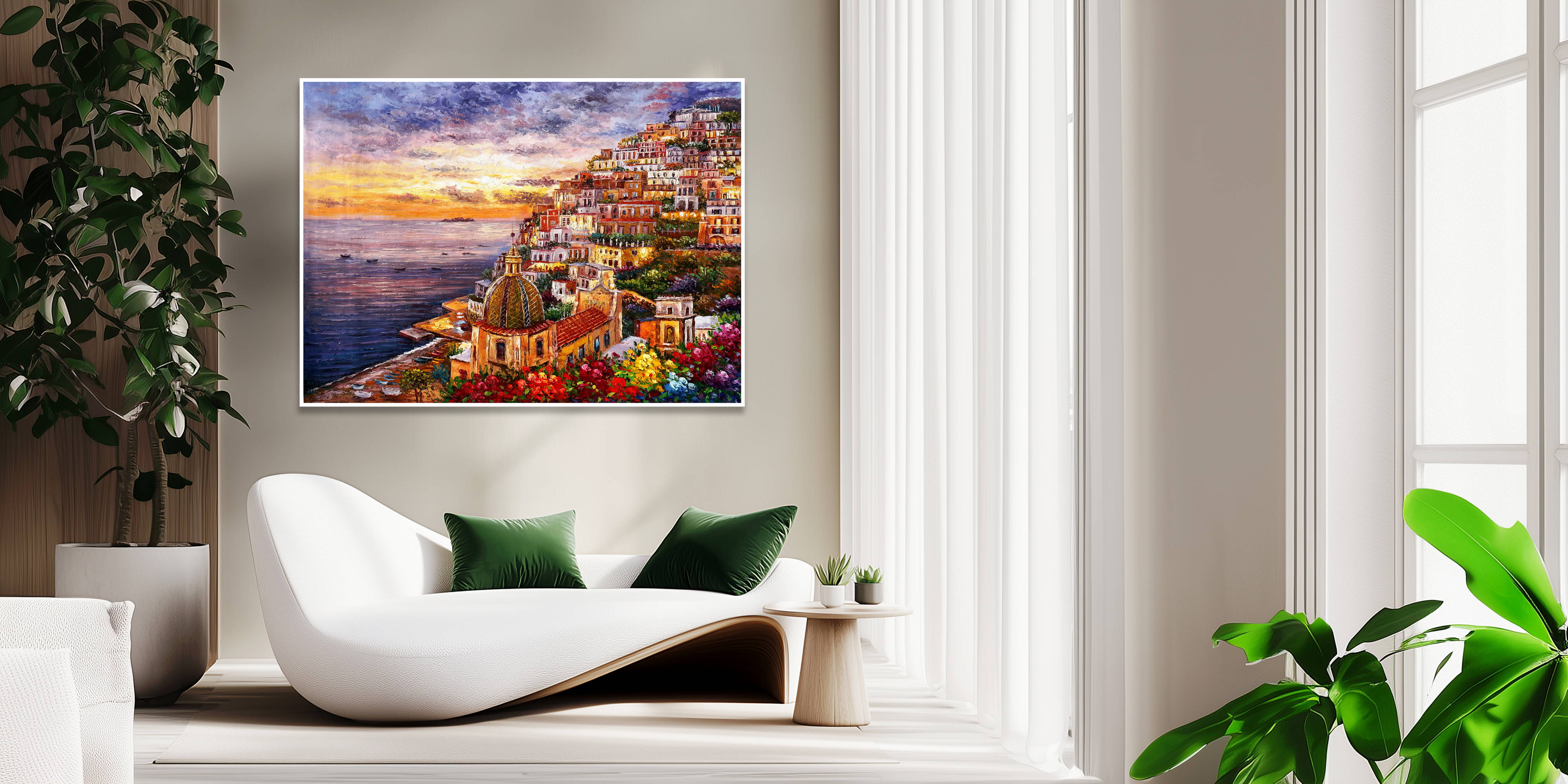 Hand painted Positano at sunset 75x100cm