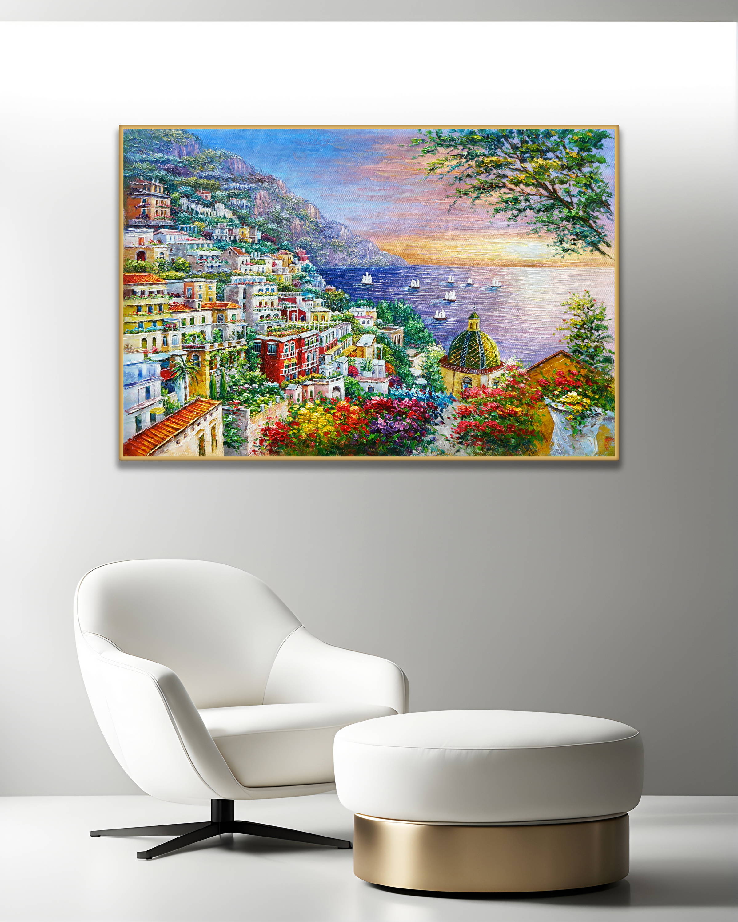 Dipinto a mano Positano al tramonto 75x115cm