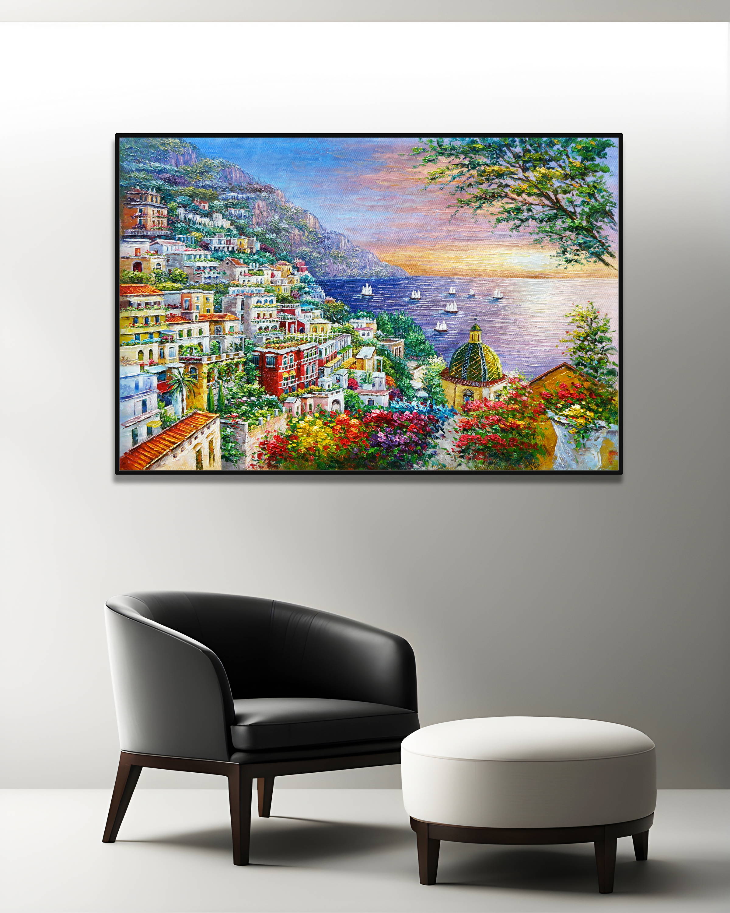 Dipinto a mano Positano al tramonto 75x115cm