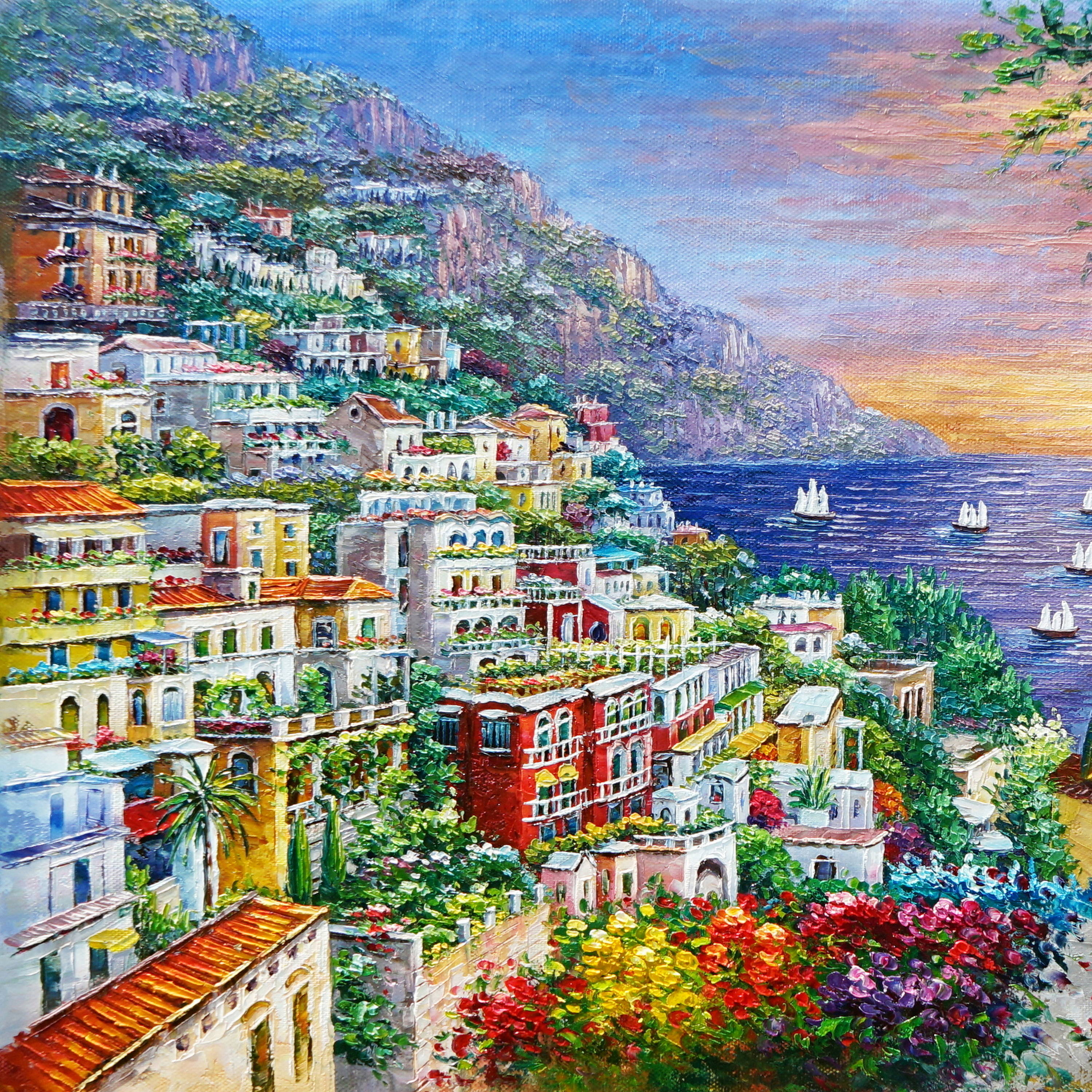 Dipinto a mano Positano al tramonto 75x115cm