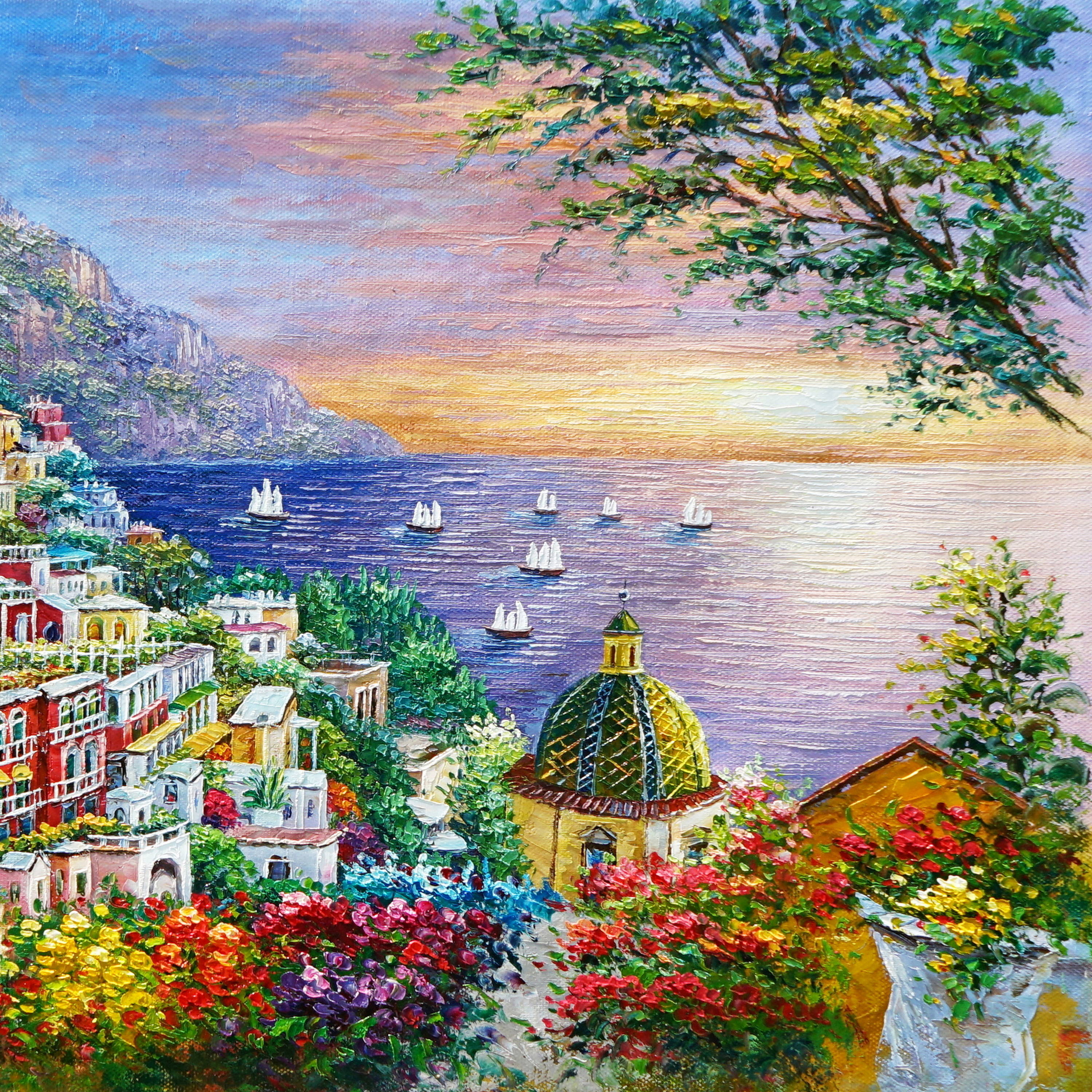 Dipinto a mano Positano al tramonto 75x115cm