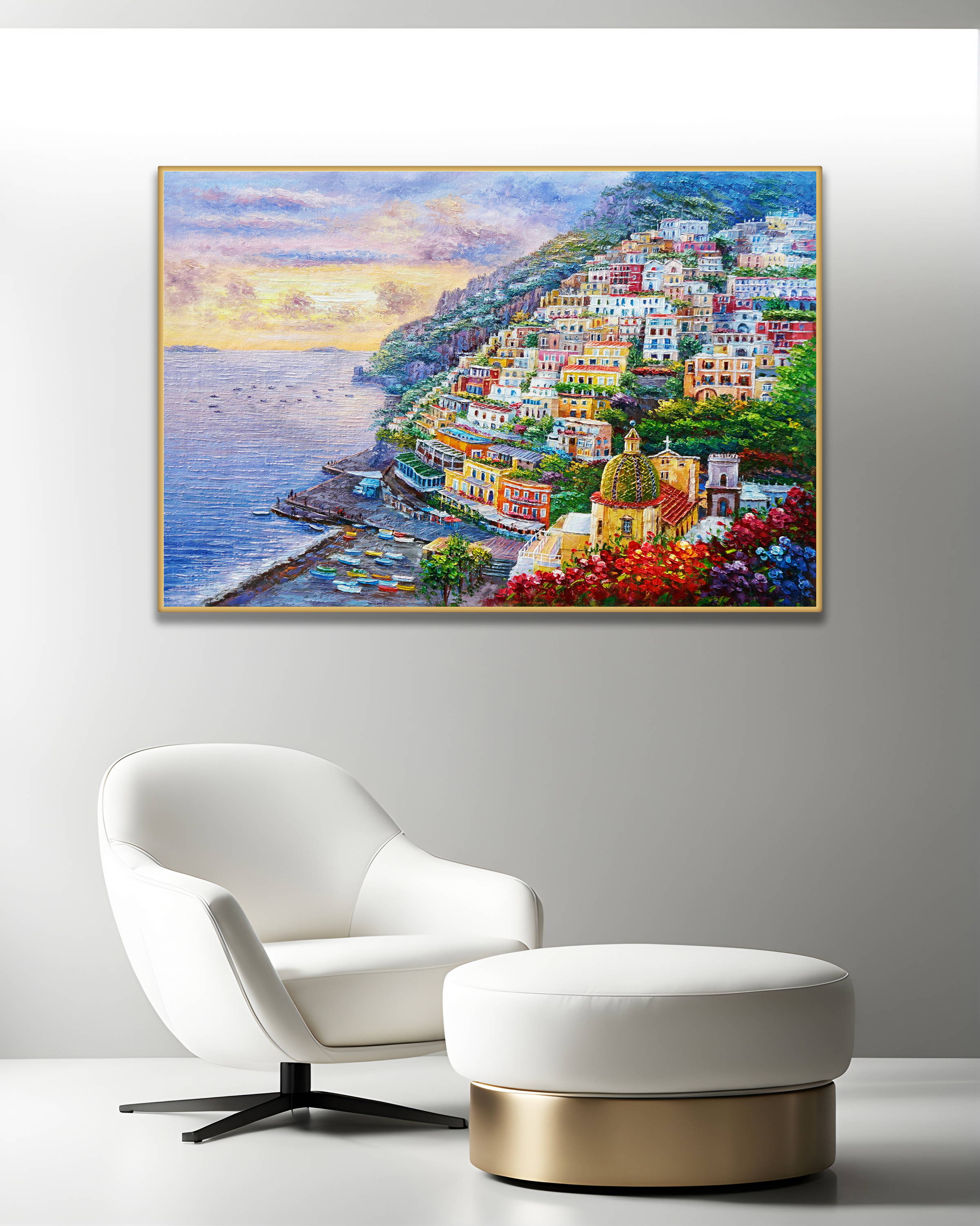 Dipinto a mano Positano al tramonto 75x115cm