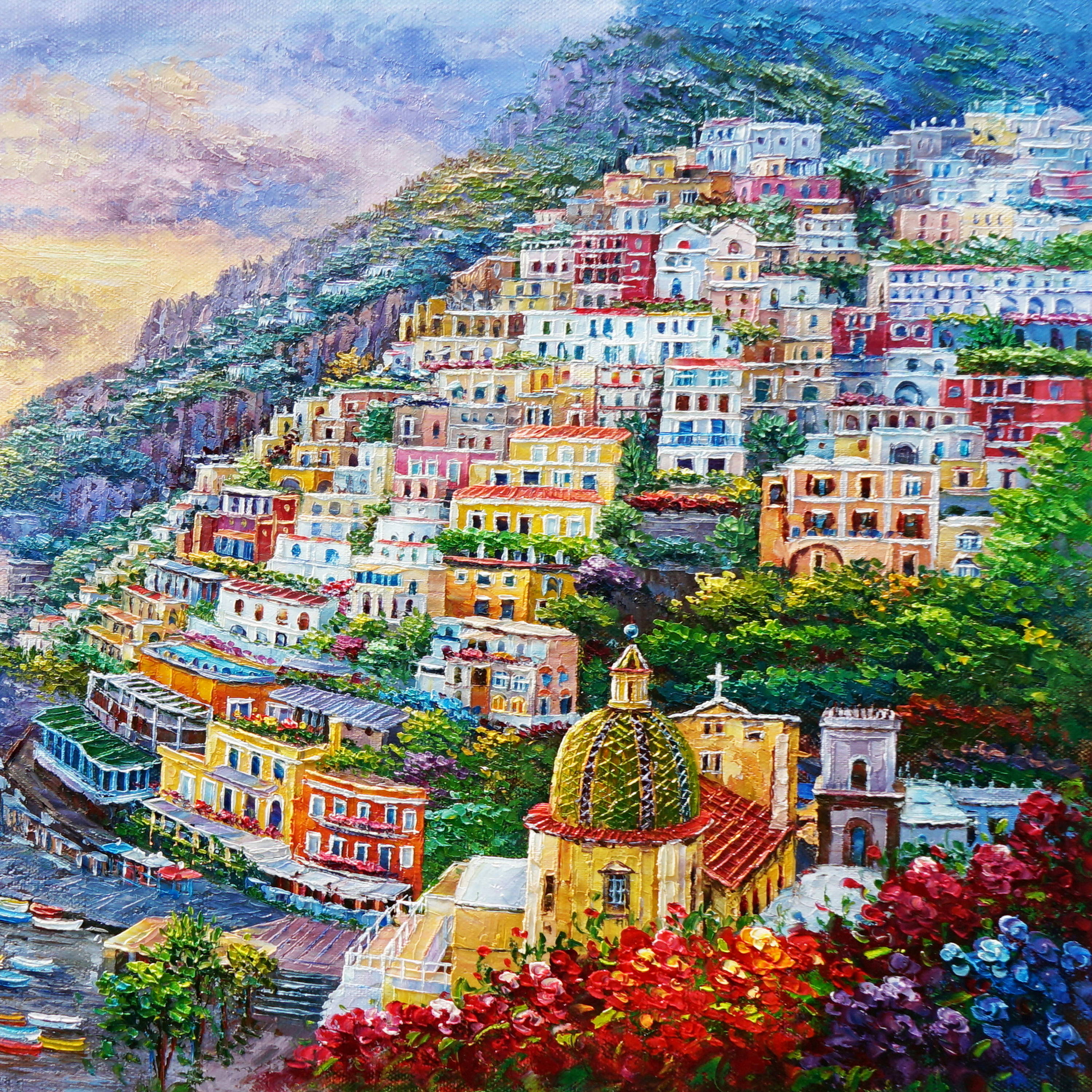 Dipinto a mano Positano al tramonto 75x115cm