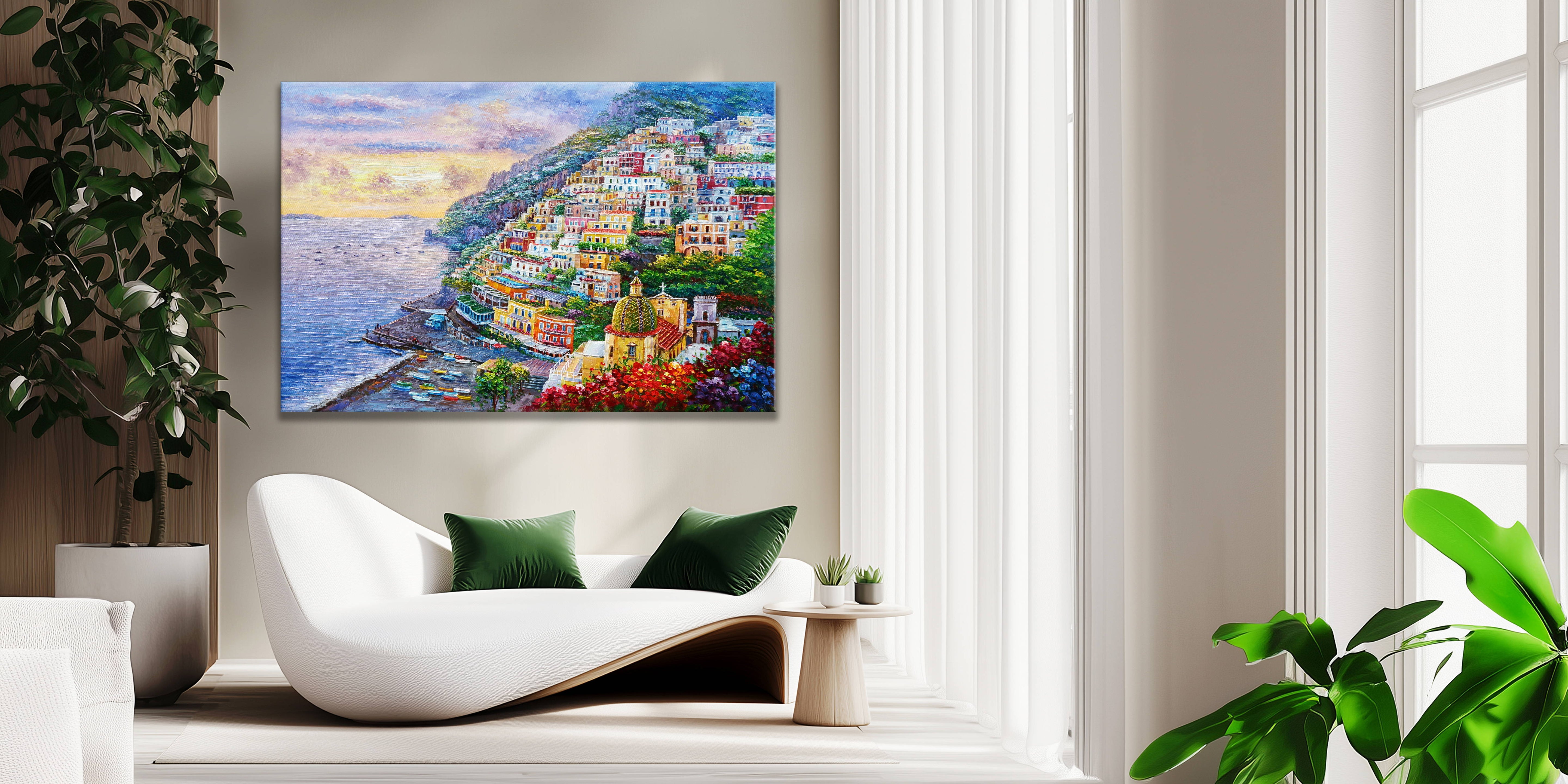 Dipinto a mano Positano al tramonto 75x115cm