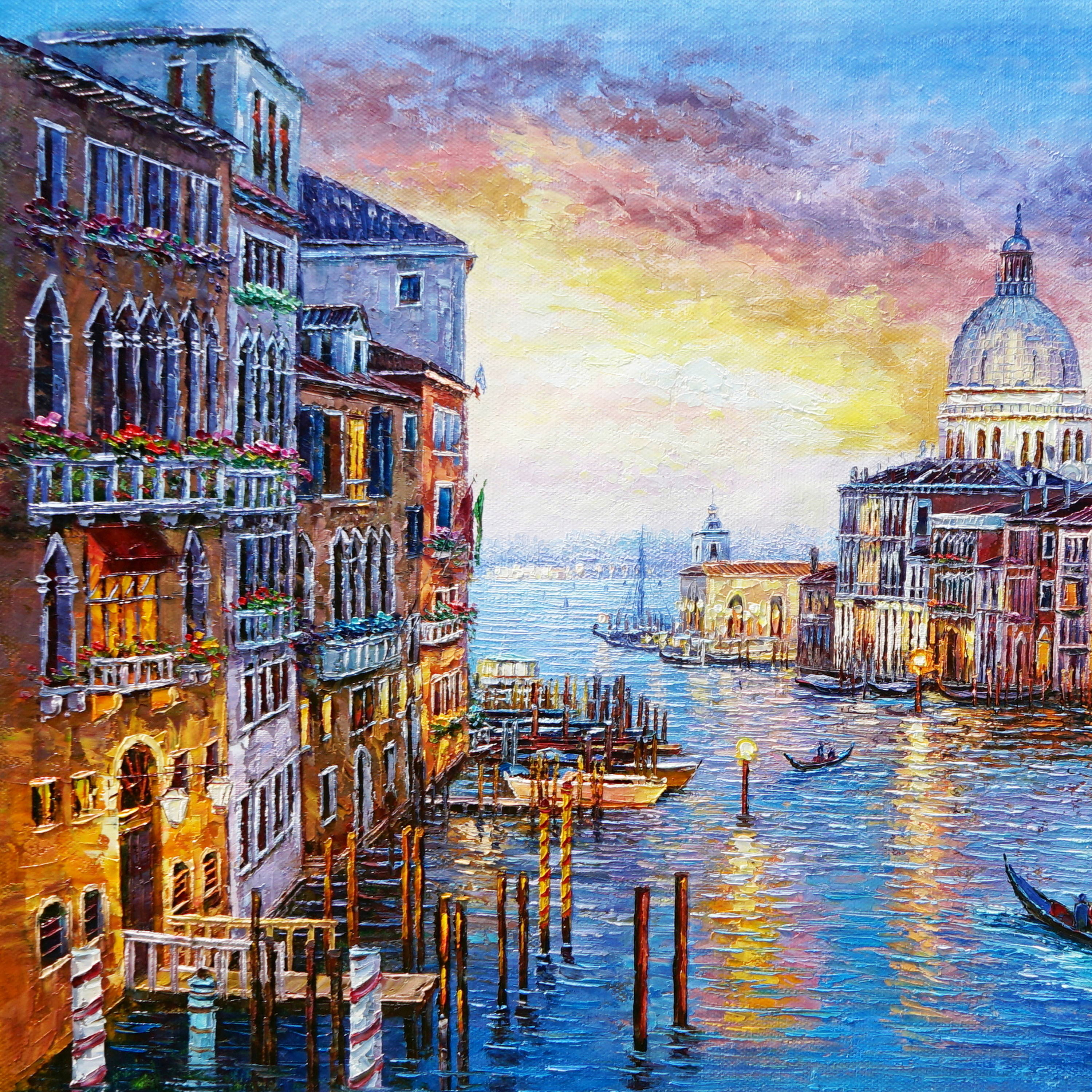 Hand painted City with River and Boats 75x115cm