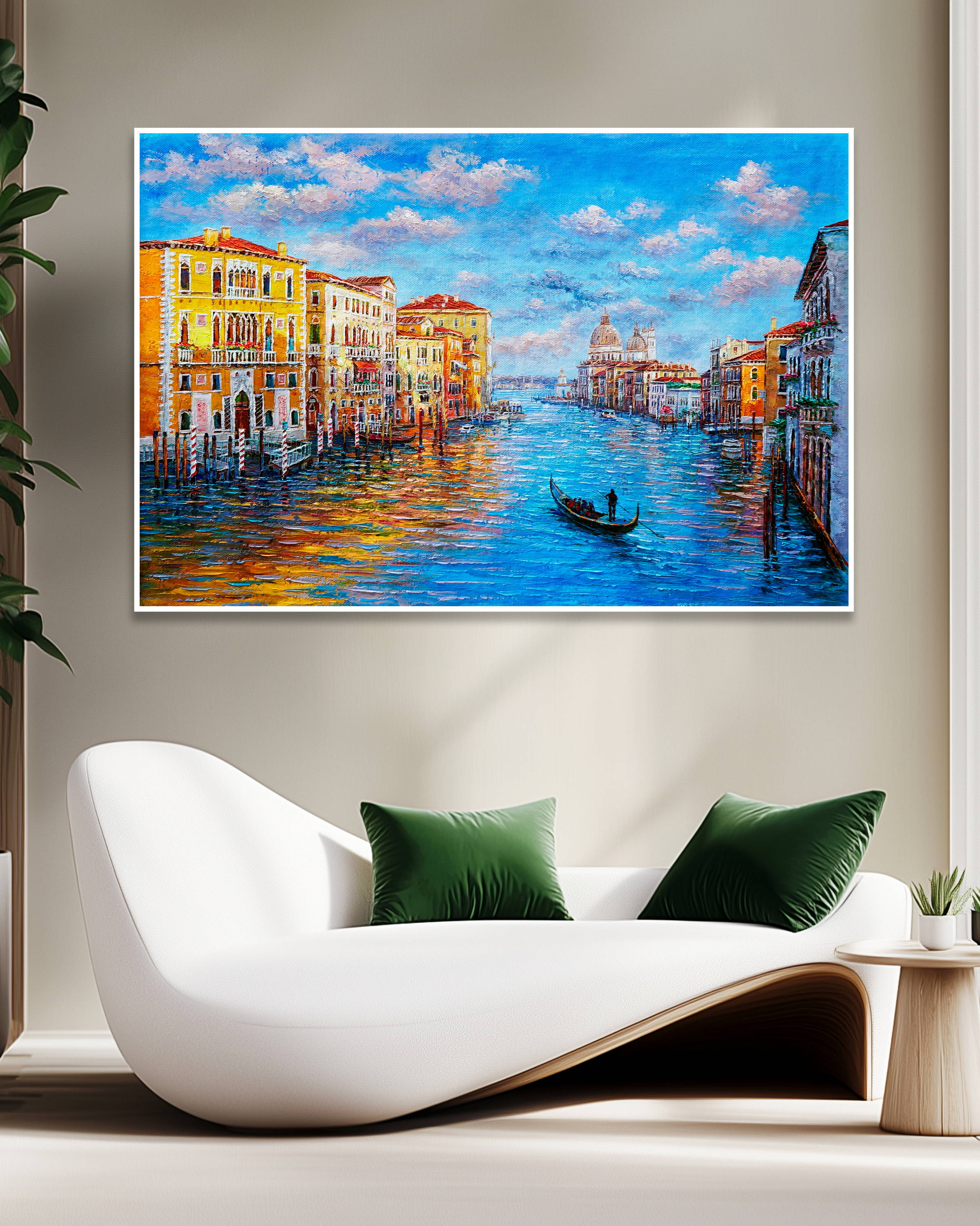 Hand painted City with River and Boats 75x115cm