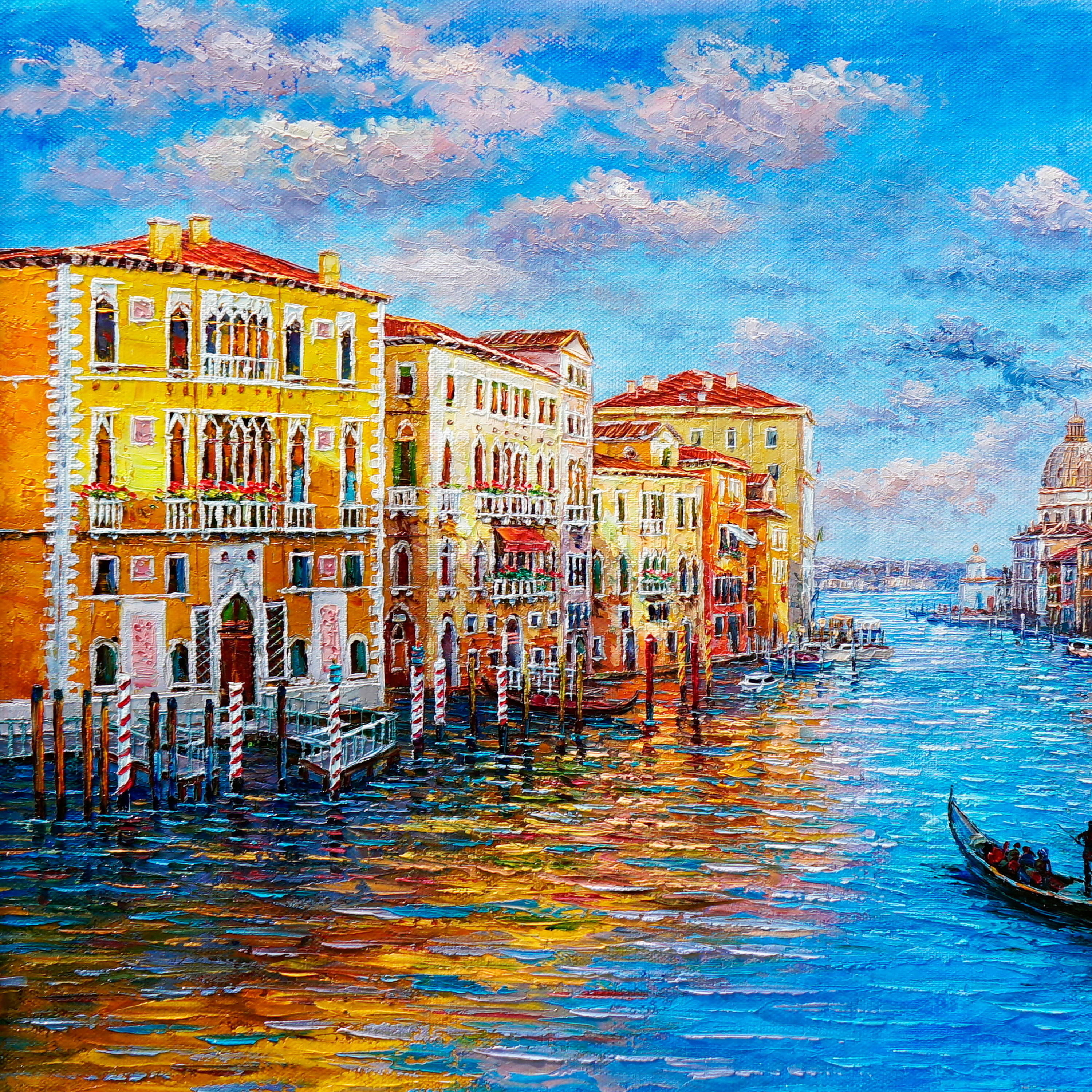 Hand painted City with River and Boats 75x115cm