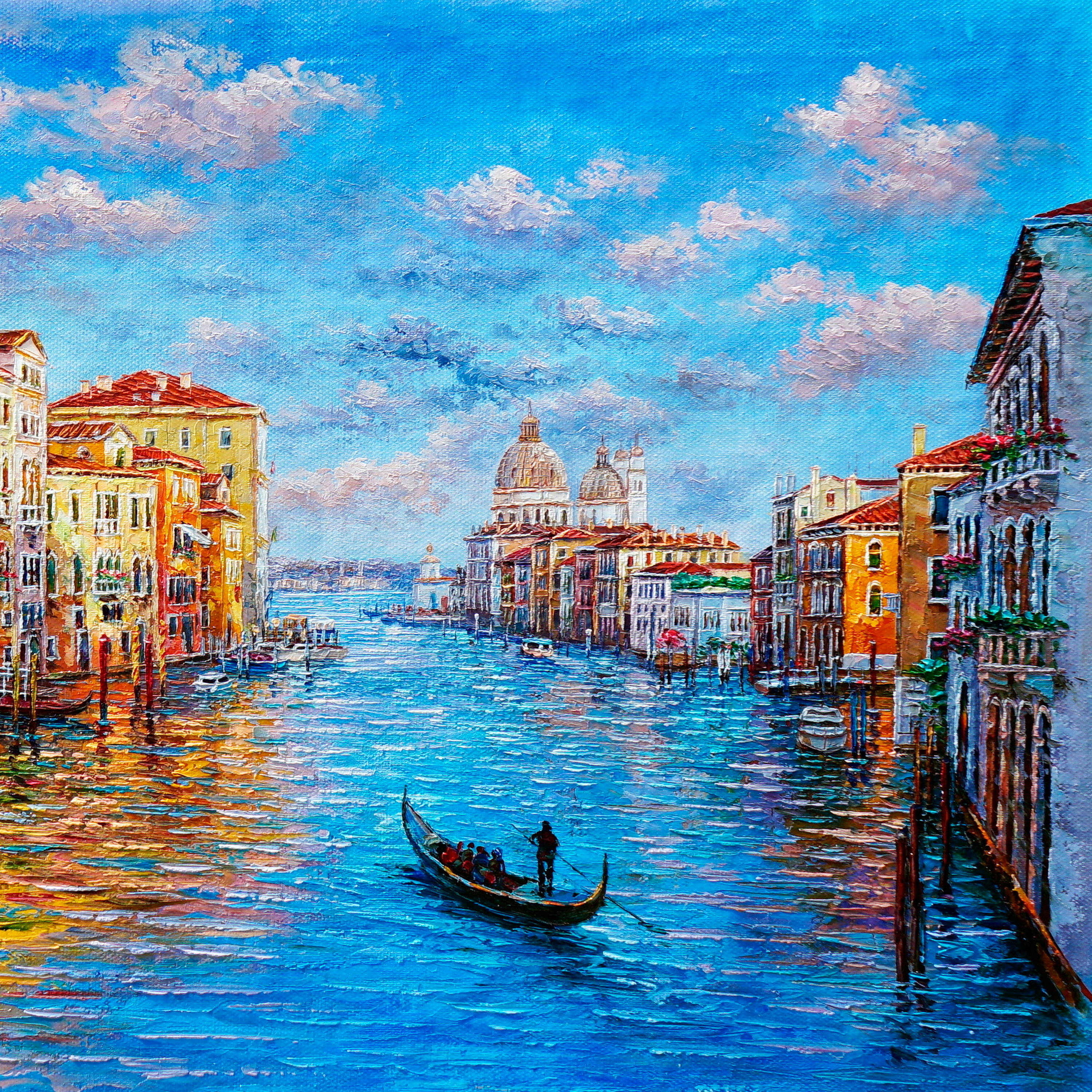 Hand painted City with River and Boats 75x115cm