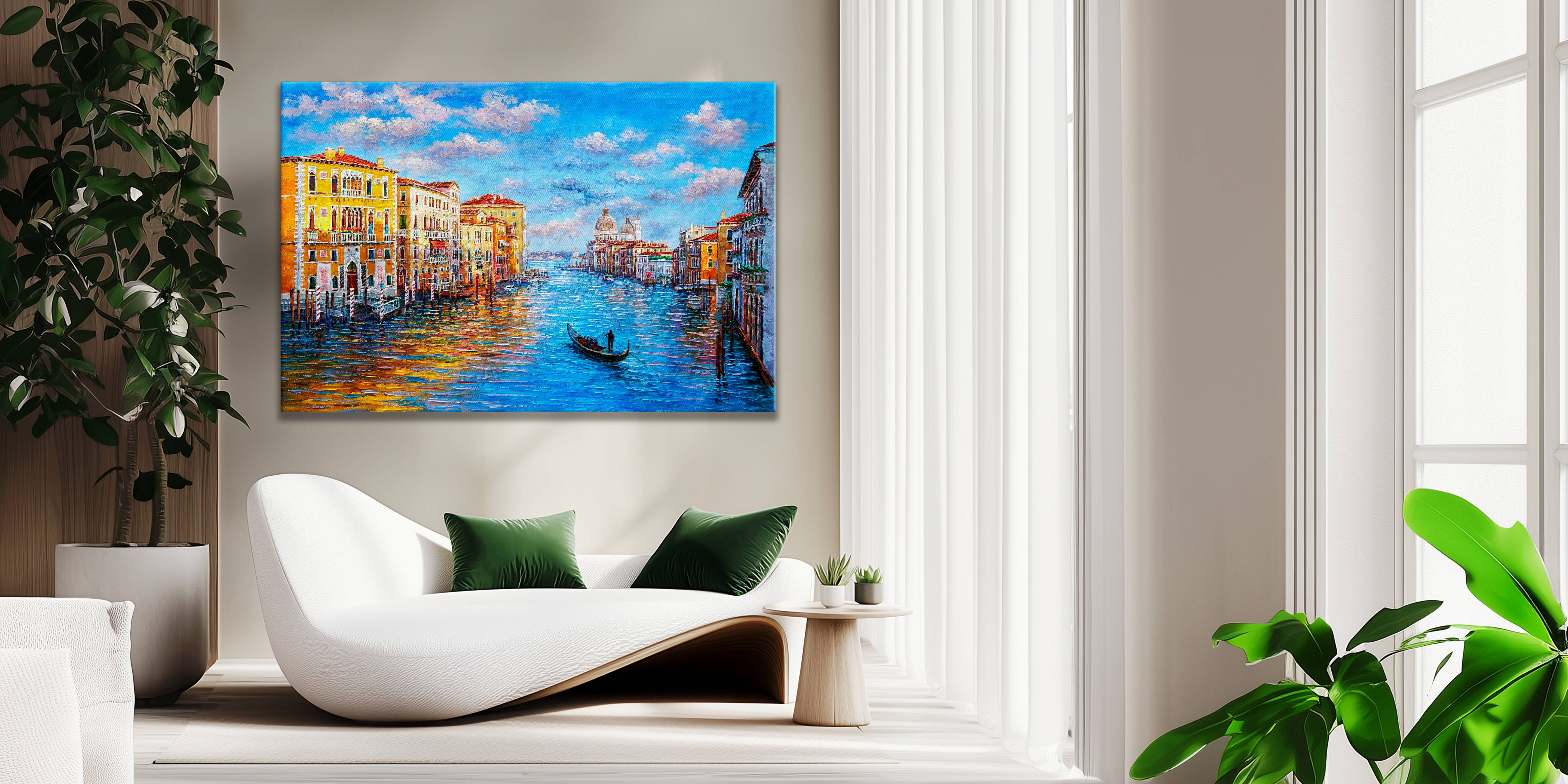 Hand painted City with River and Boats 75x115cm