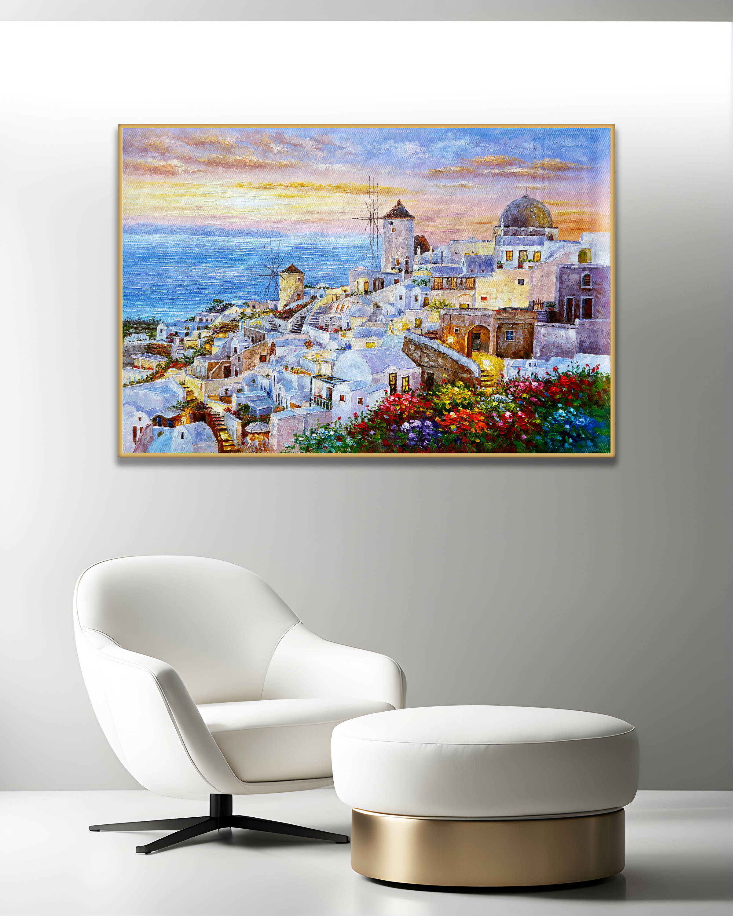 Dipinto a mano Case bianche Santorini Grecia 75x115cm