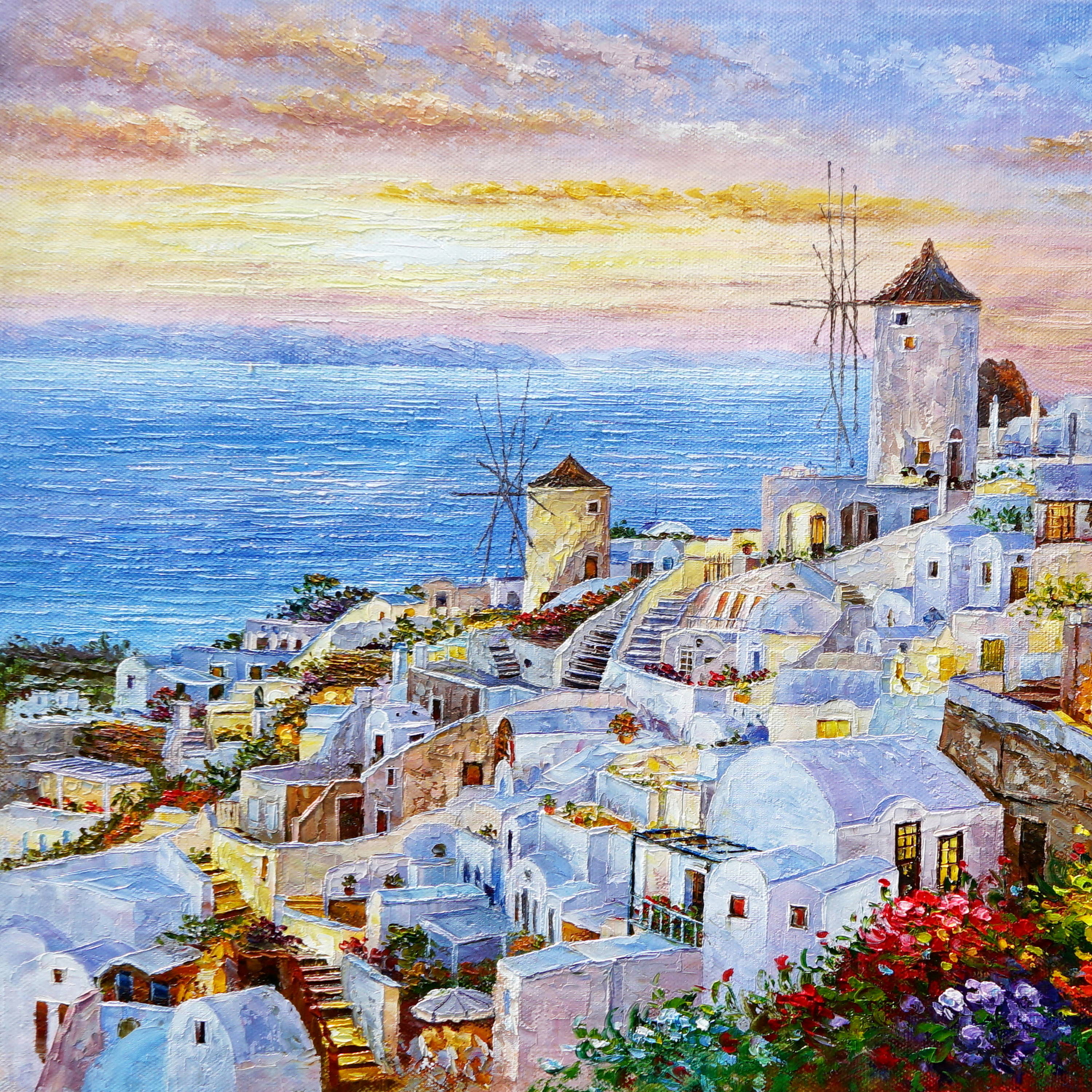 Dipinto a mano Case bianche Santorini Grecia 75x115cm