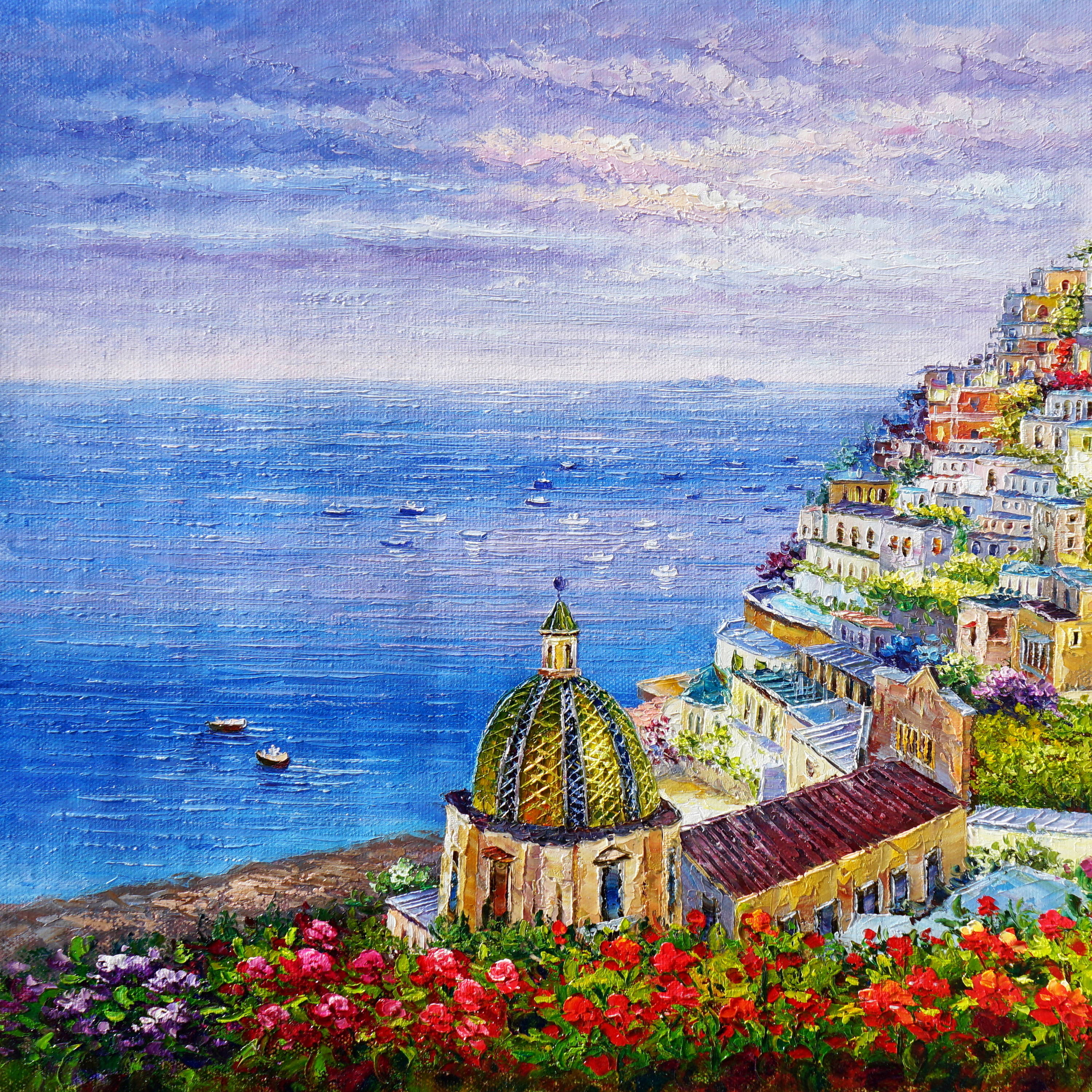 Dipinto a mano Positano e la sua costa 75x115cm