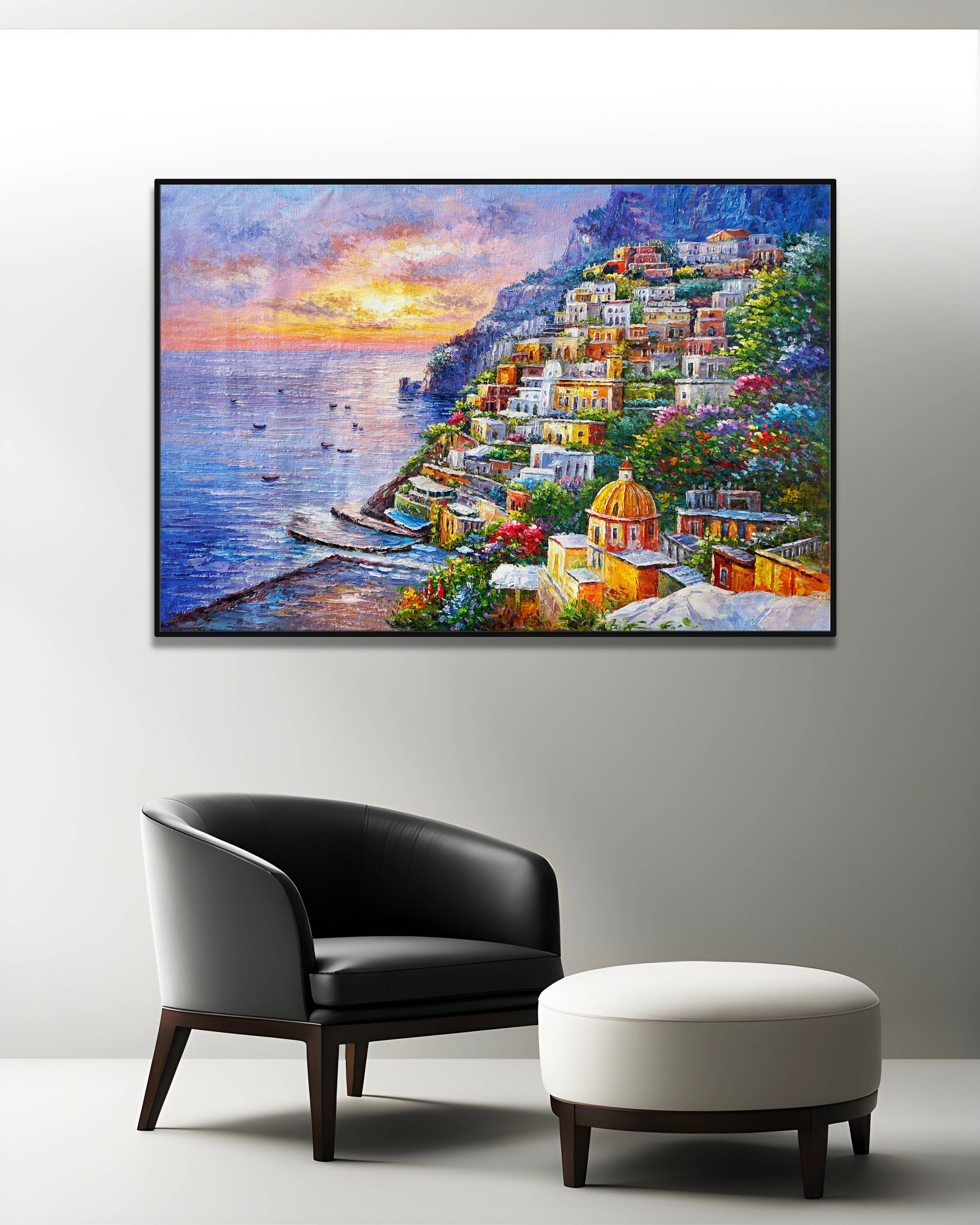 Dipinto a mano Positano al tramonto 75x115cm