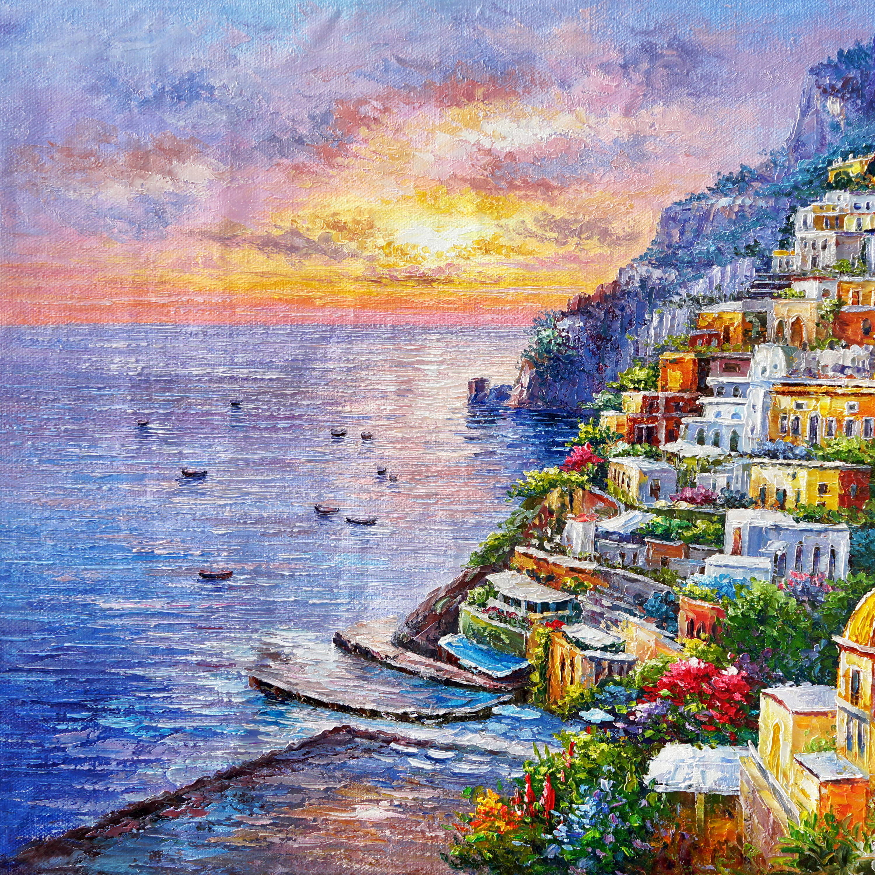 Dipinto a mano Positano al tramonto 75x115cm