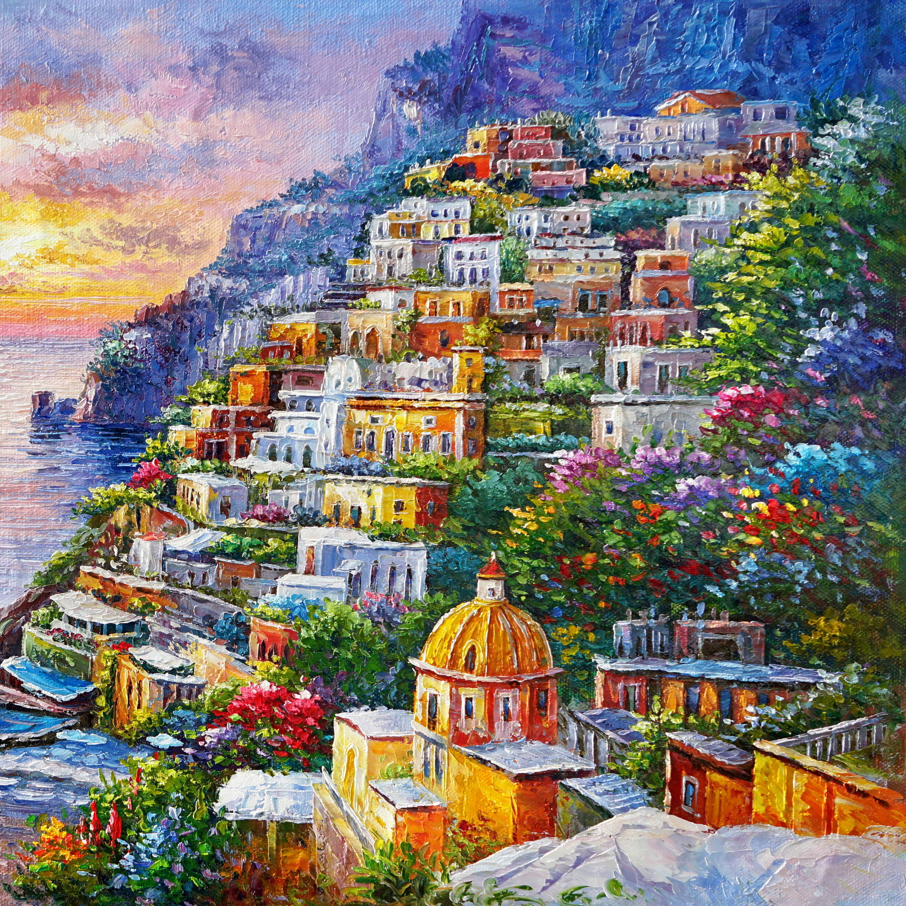 Dipinto a mano Positano al tramonto 75x115cm