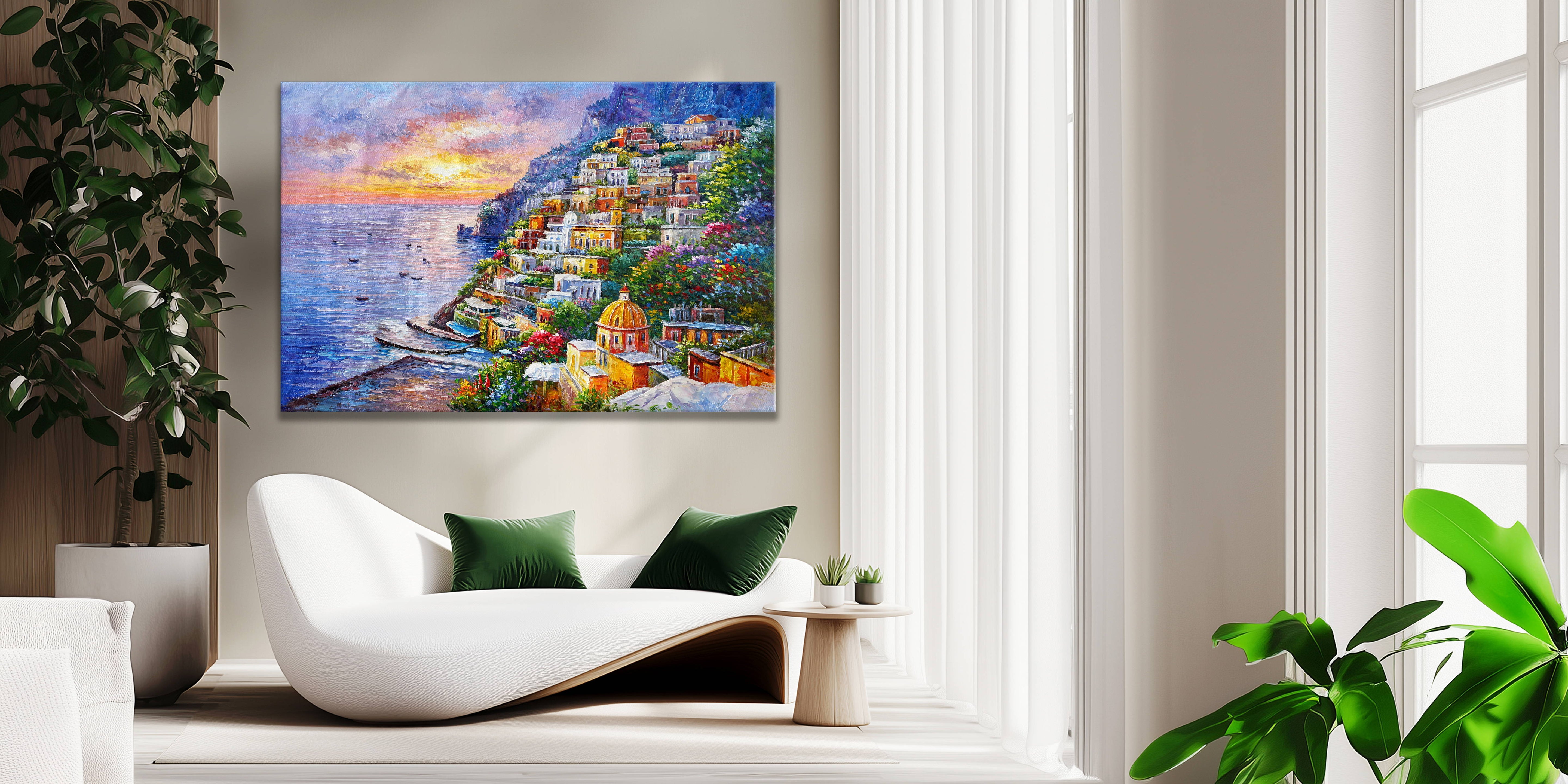 Dipinto a mano Positano al tramonto 75x115cm