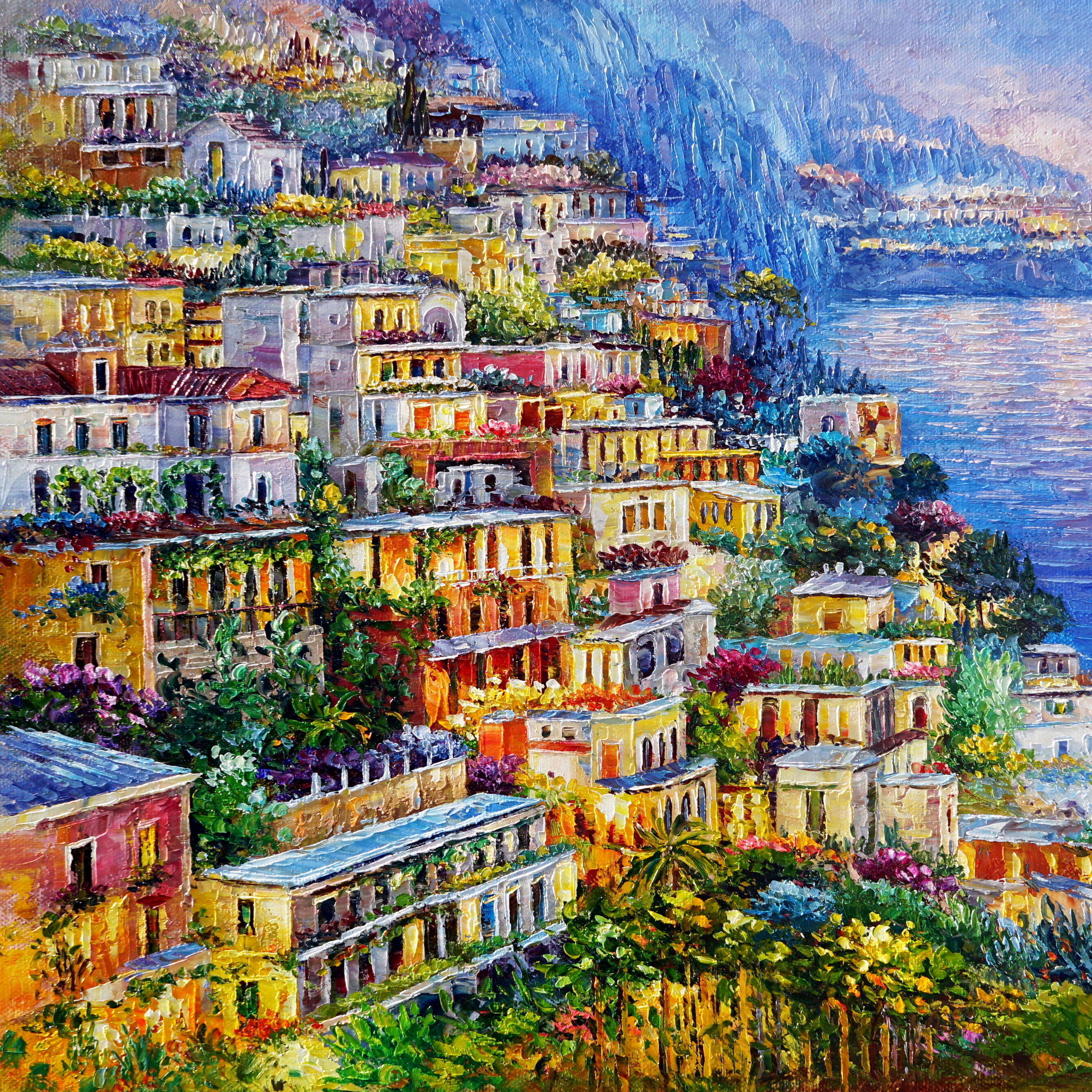 Hand painted City with body of water in the background 75x115cm