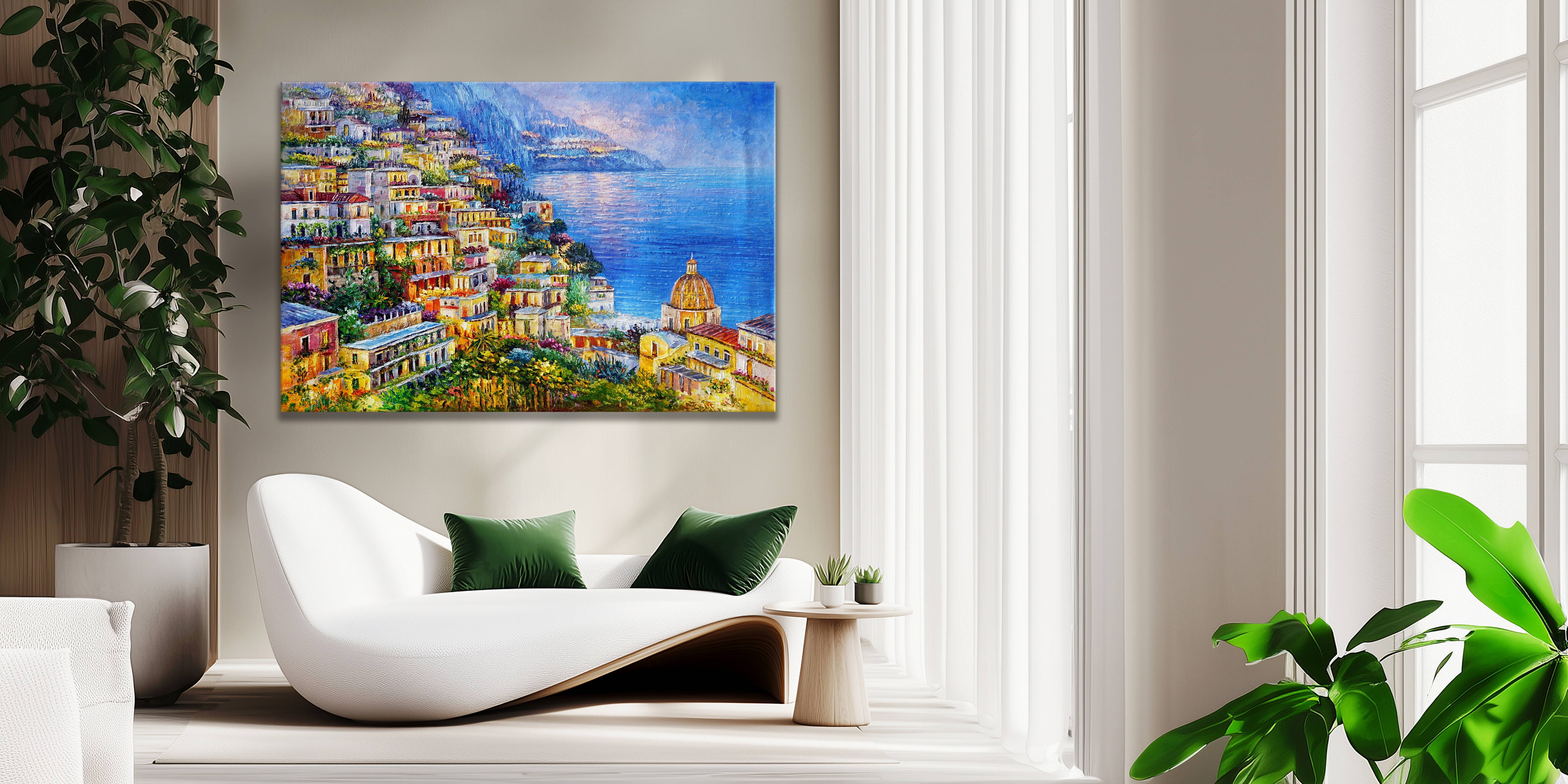 Hand painted City with body of water in the background 75x115cm