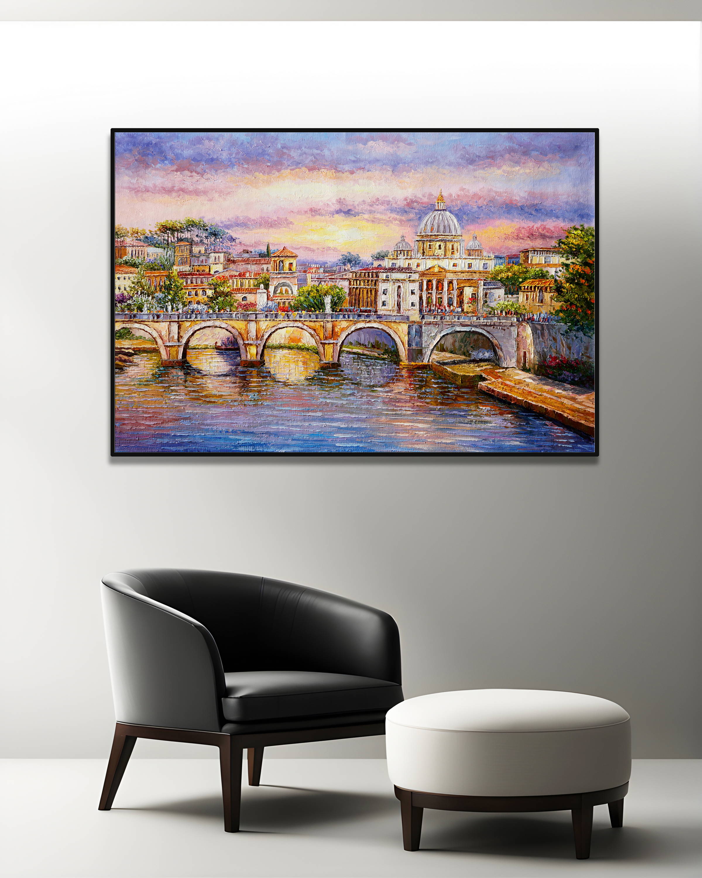 Dipinto a mano Roma Tevere Basilica San Pietro 75x115cm