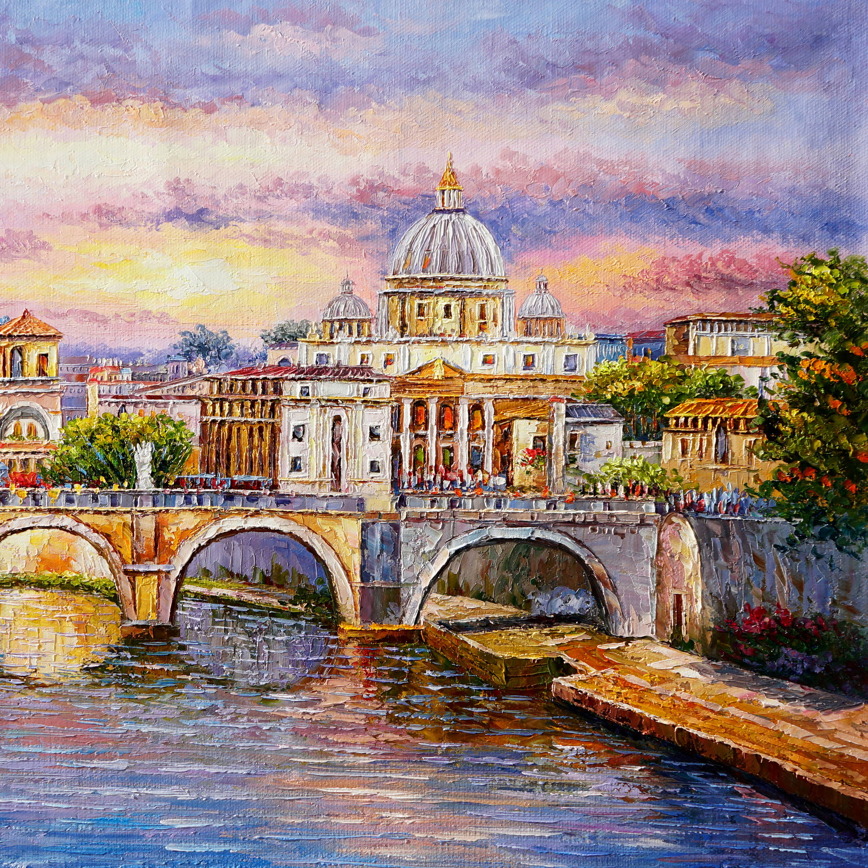 Dipinto a mano Roma Tevere Basilica San Pietro 75x115cm