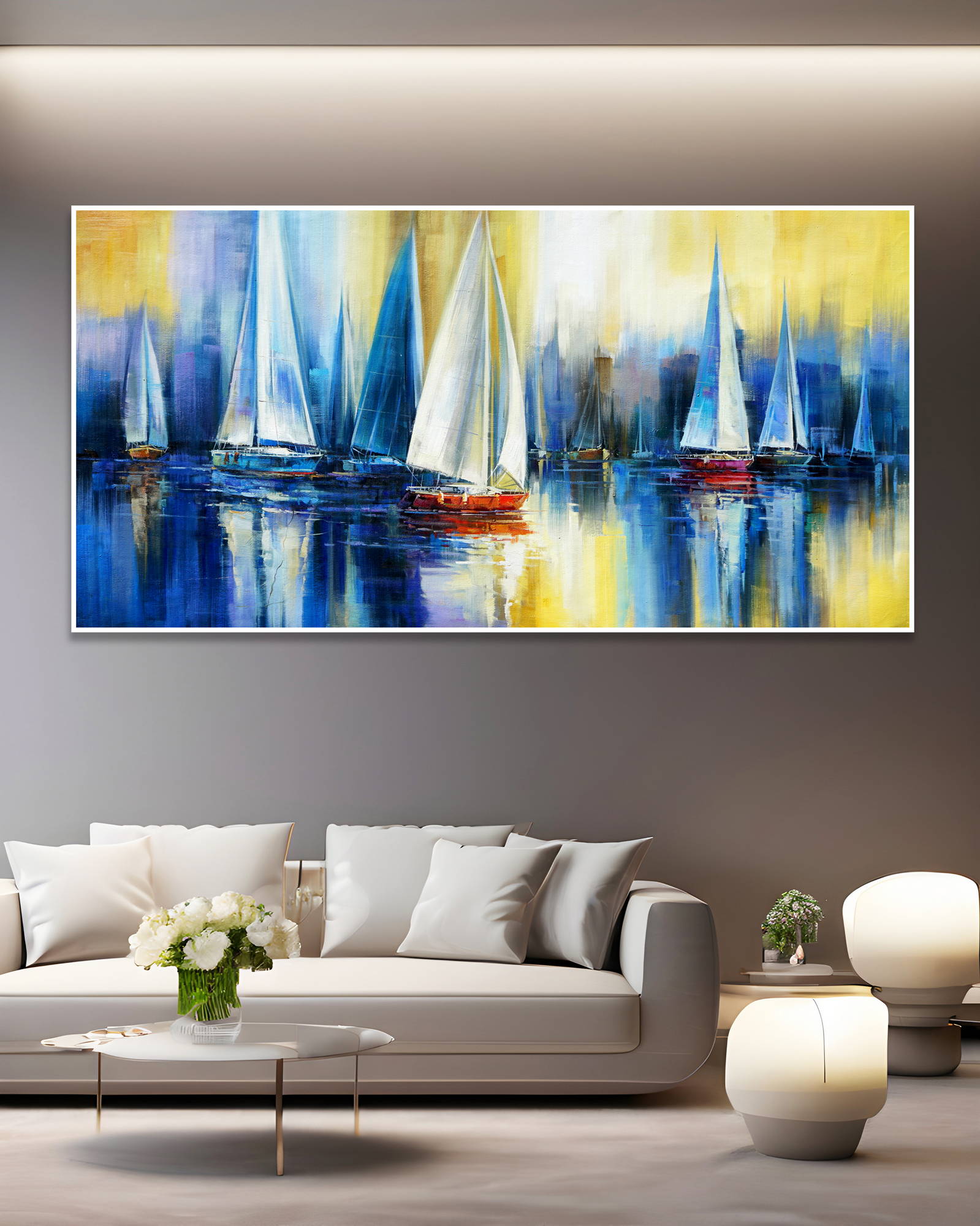 Dipinto a mano Barche a Vela stilizzate Regata 90x180cm