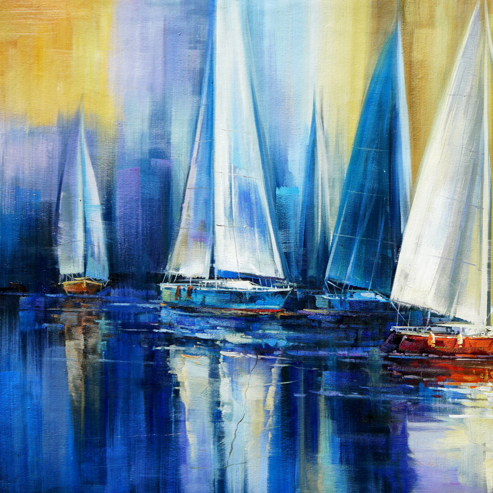 Dipinto a mano Barche a Vela stilizzate Regata 90x180cm