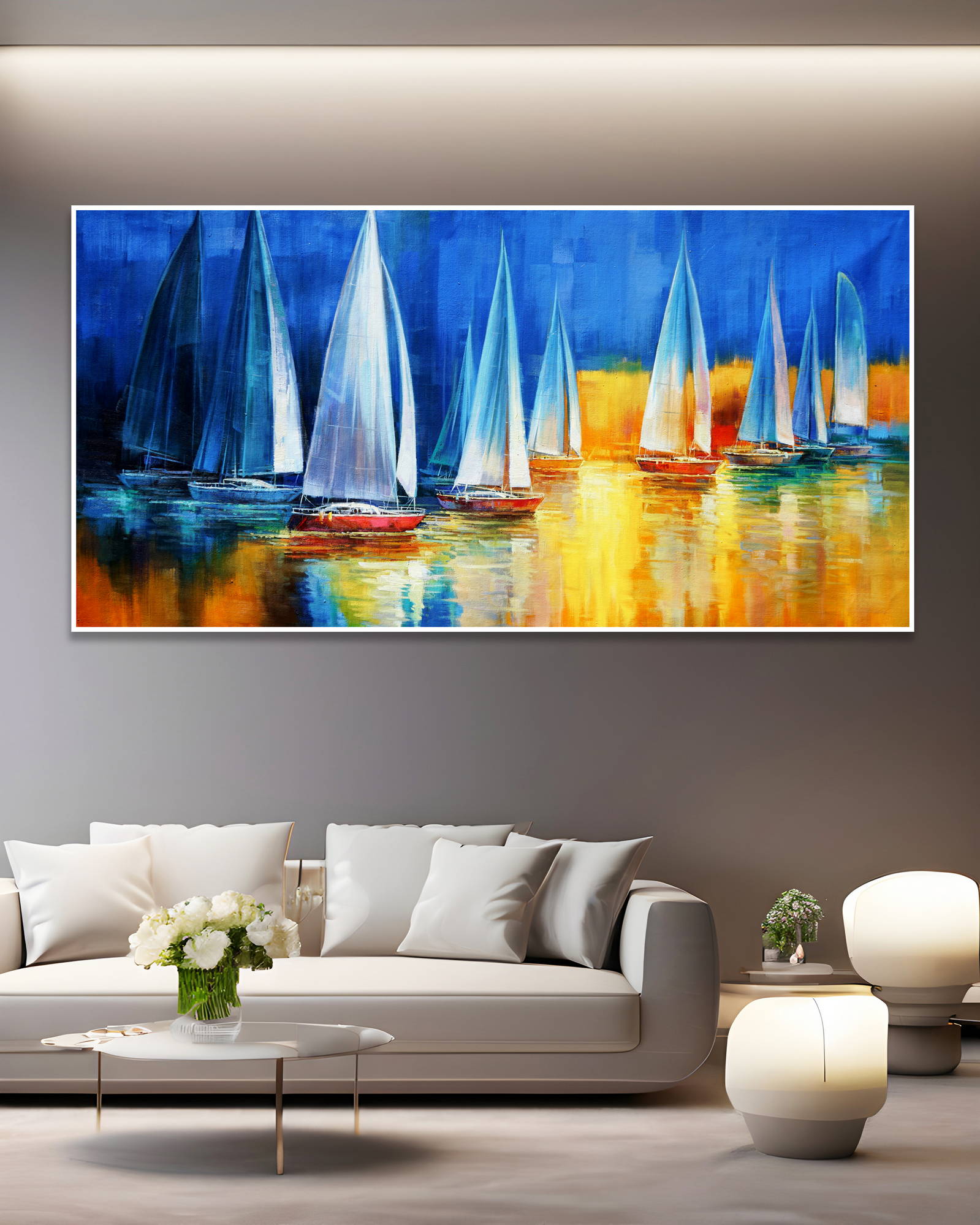 Dipinto a mano Barche a Vela stilizzate Regata 90x180cm